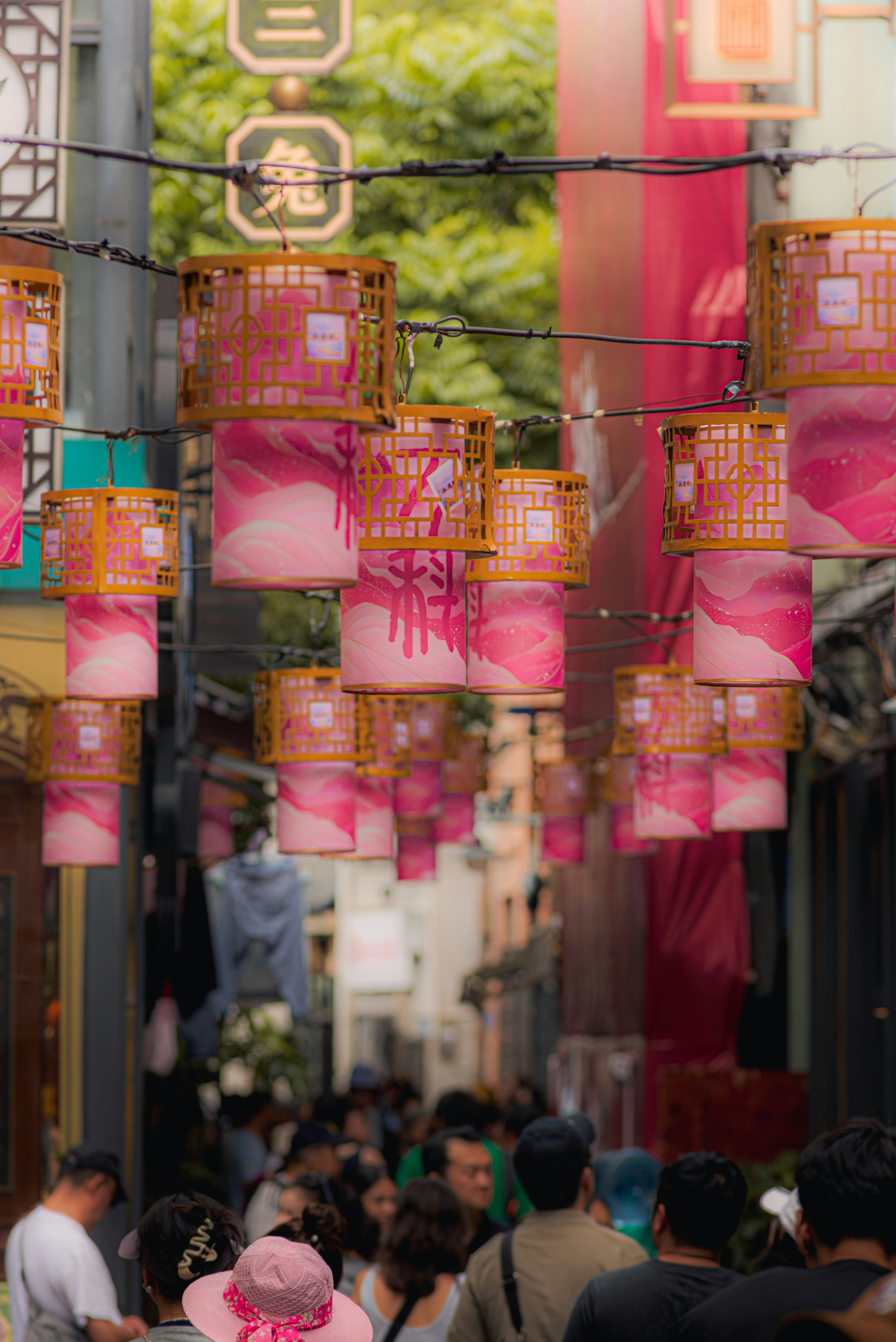 Pink lanterns hanging over a crowded street