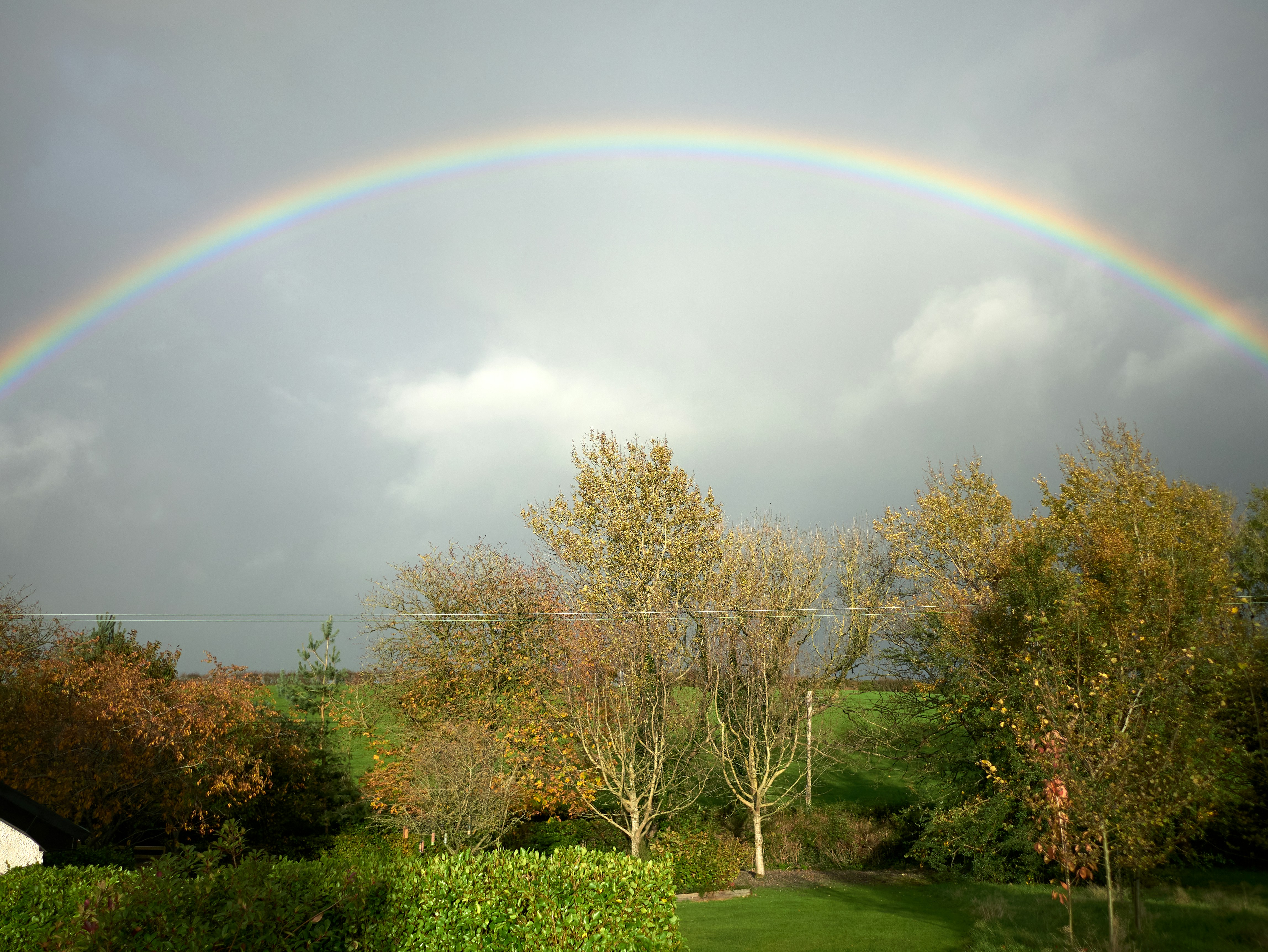 A vibrant rainbow arches over trees and fields.