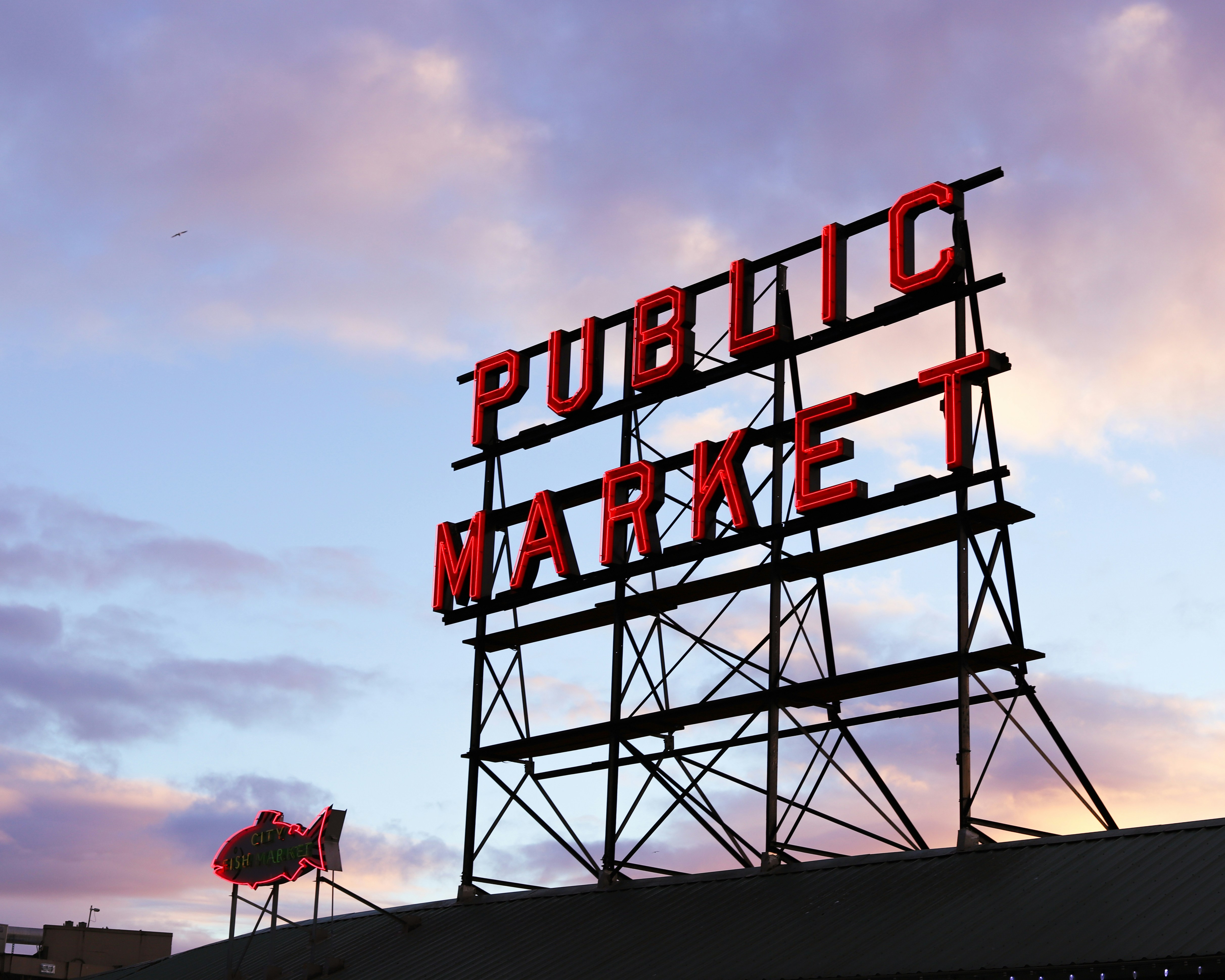 Öffentliches Marktschild mit Fischneon vor buntem Himmel