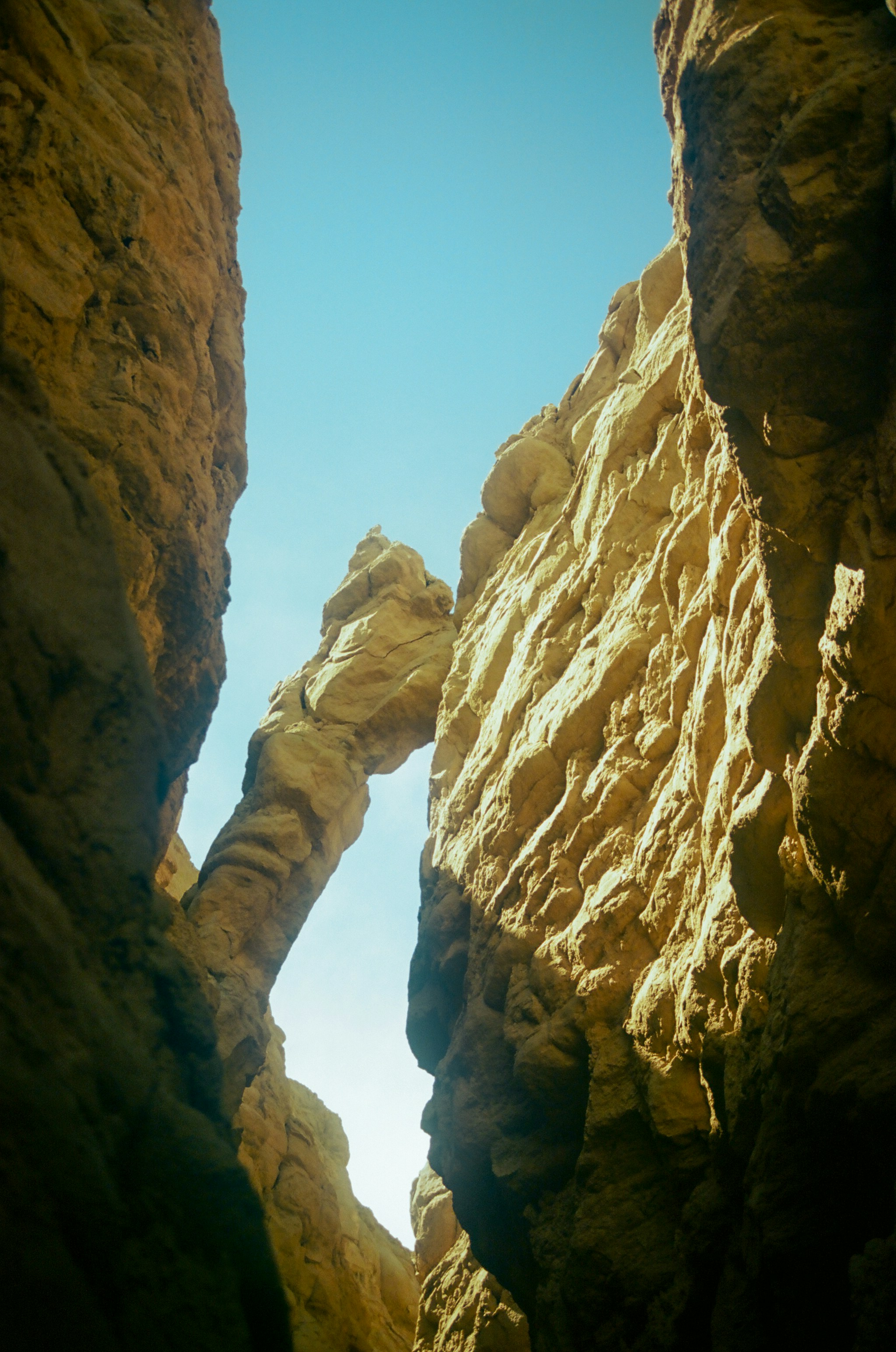 Sonnenlicht beleuchtet einen natürlichen Felsbogen in einer Schlucht.