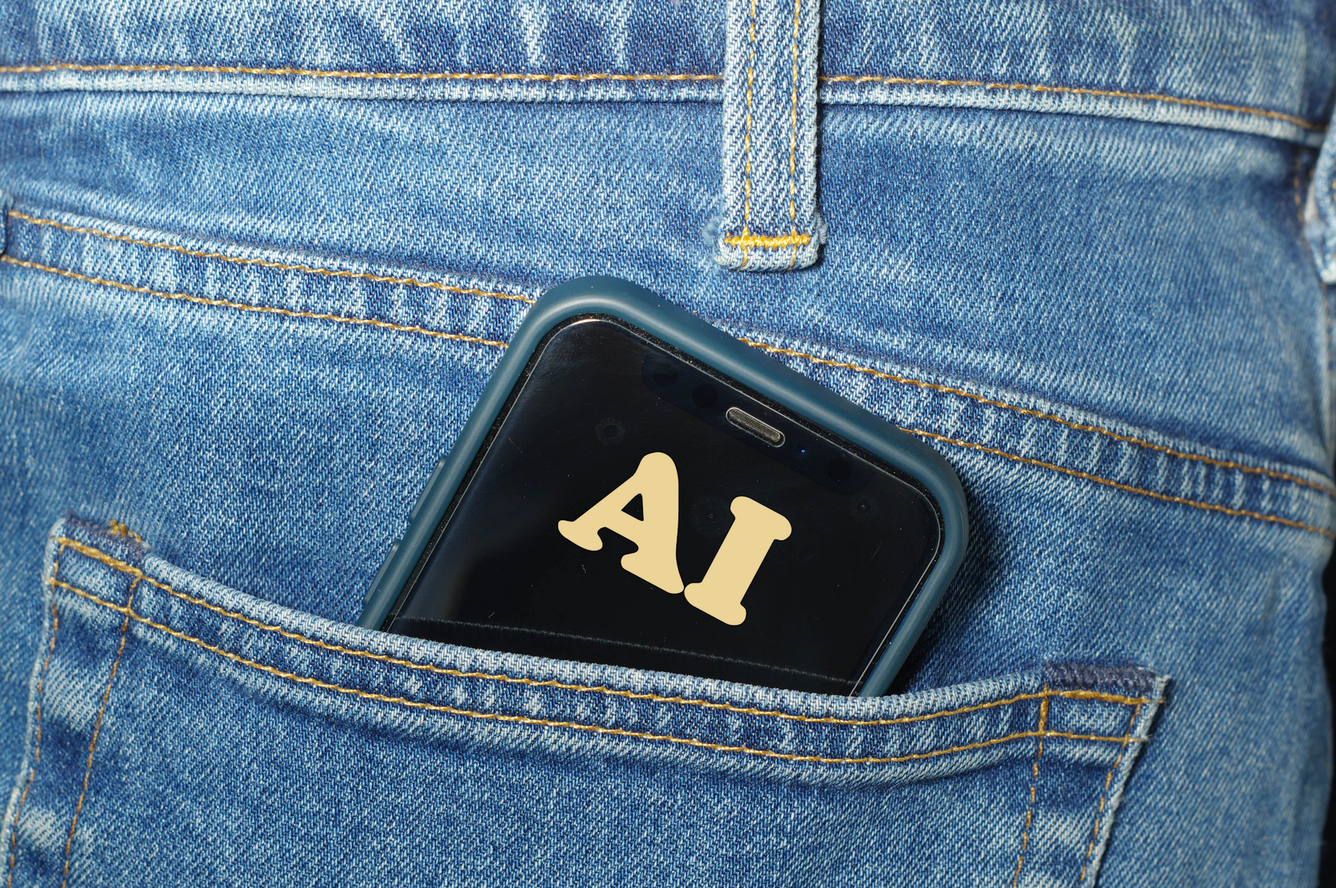 Smartphone with ai text in jeans pocket