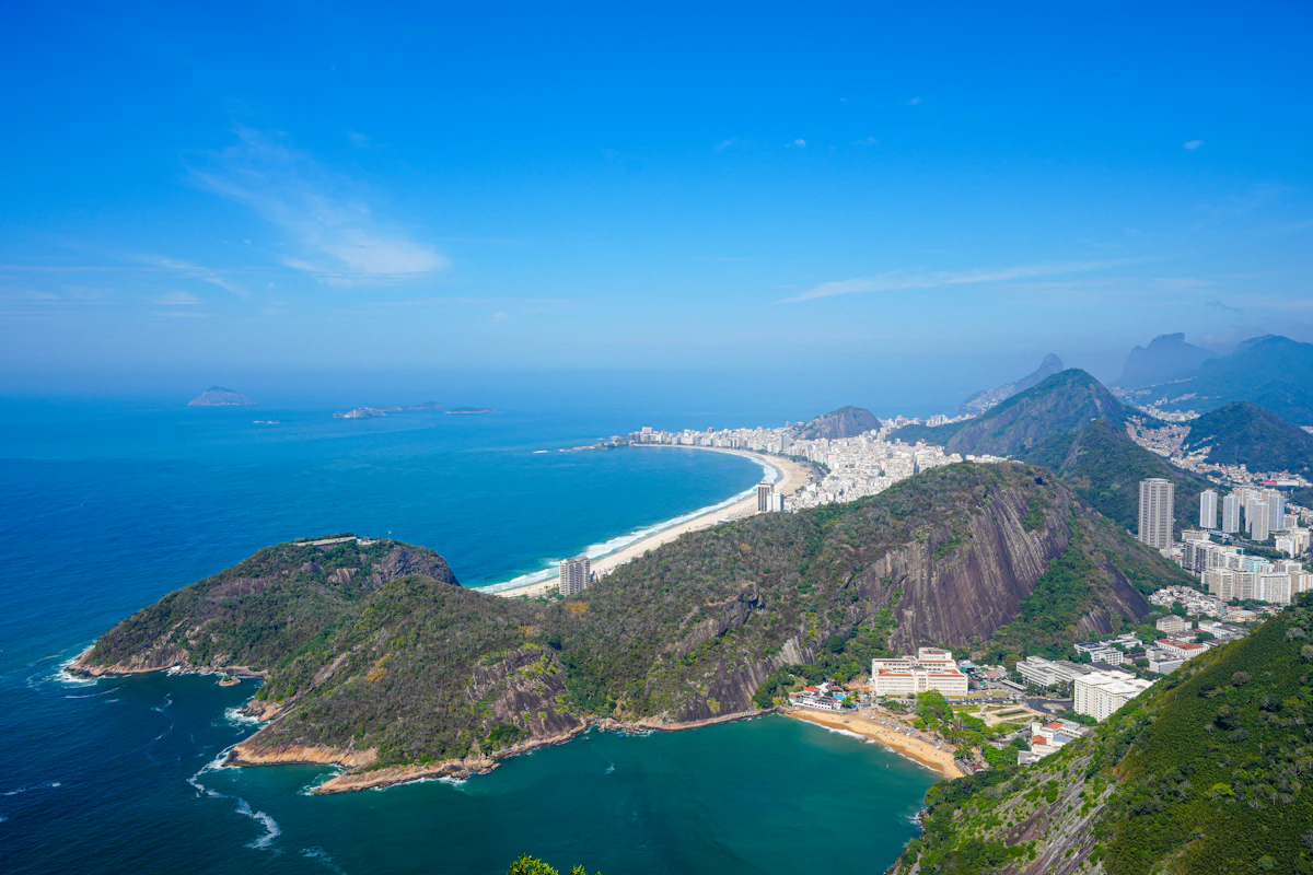 Aerial view of Copacabana bay with mountains in the distance, Rio de Janeiro