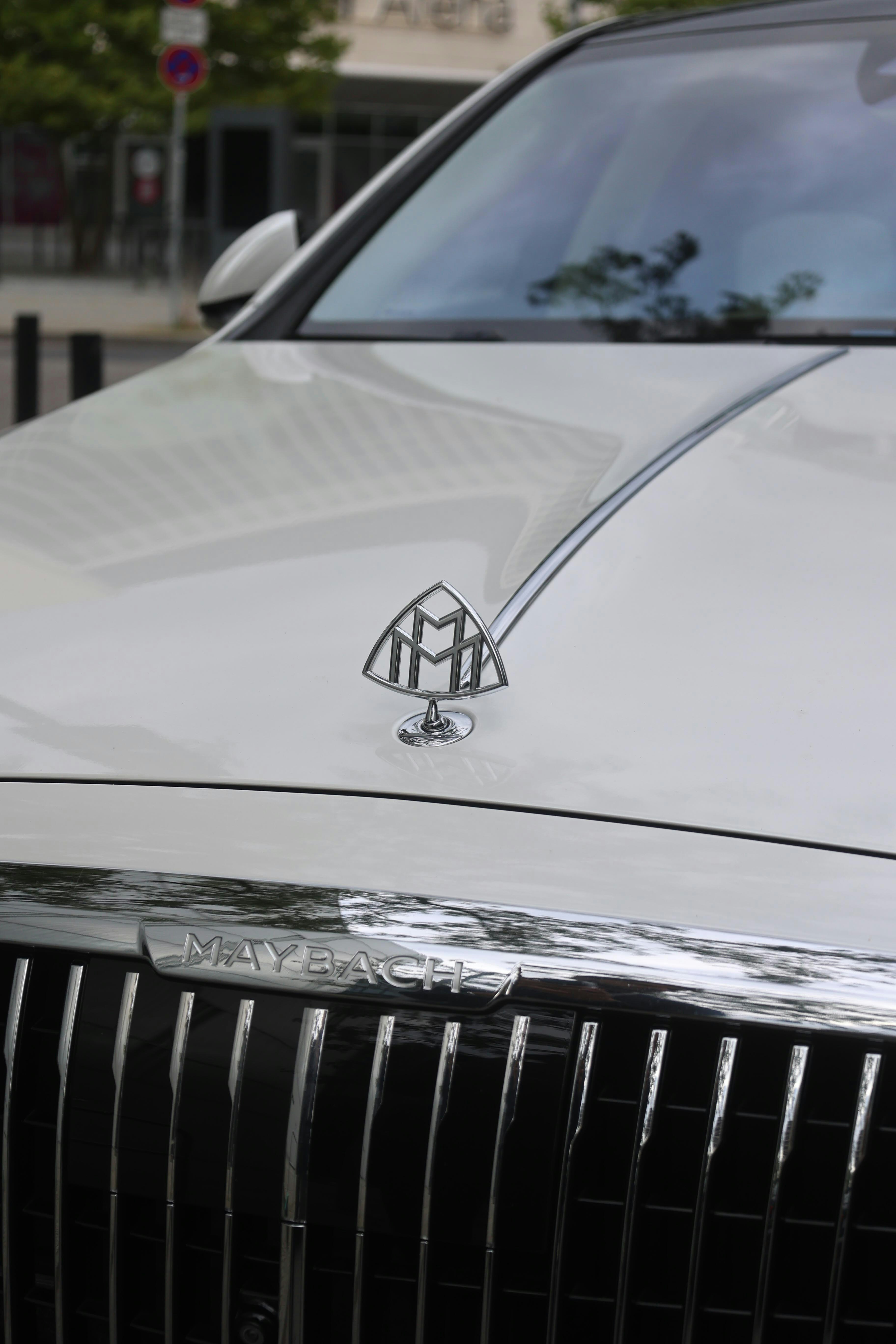 Close-up of a white maybach car grille and grille