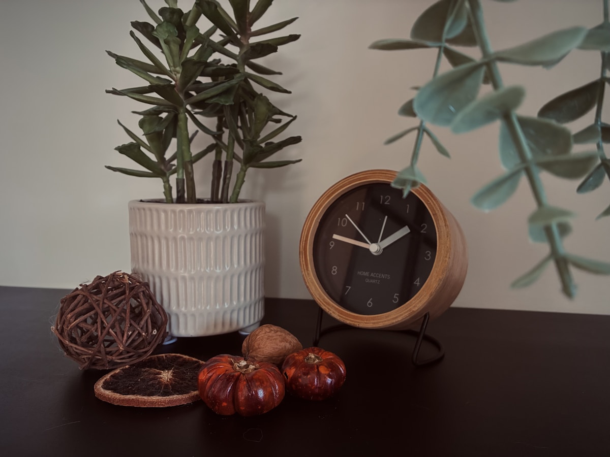 Fall apartment shelf decor with mini pumpkins, dried orange slice, and wooden clock