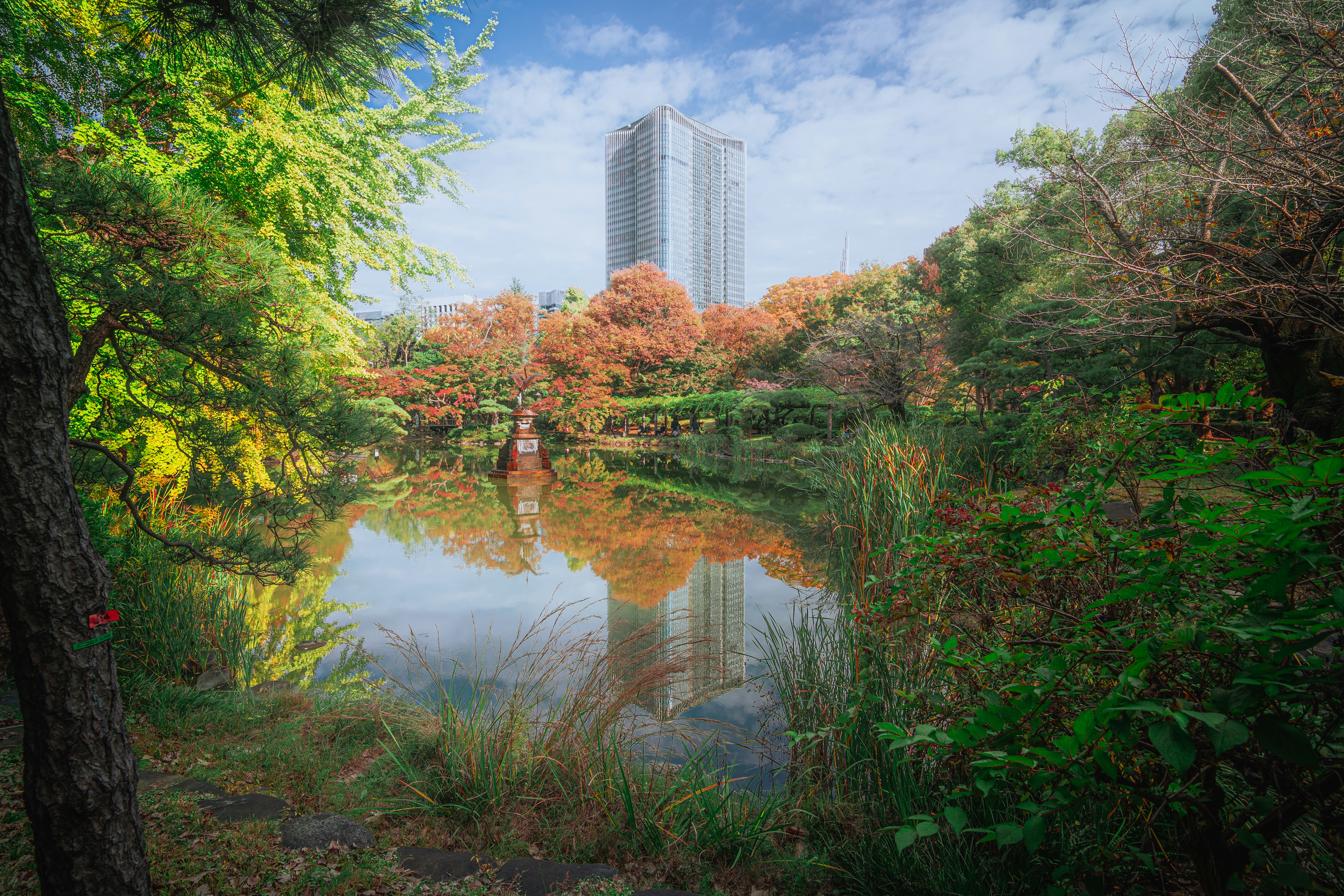 Autumn trees reflected in a tranquil pond with a skyscraper.