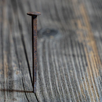 A rusty nail stands upright on a wooden surface.