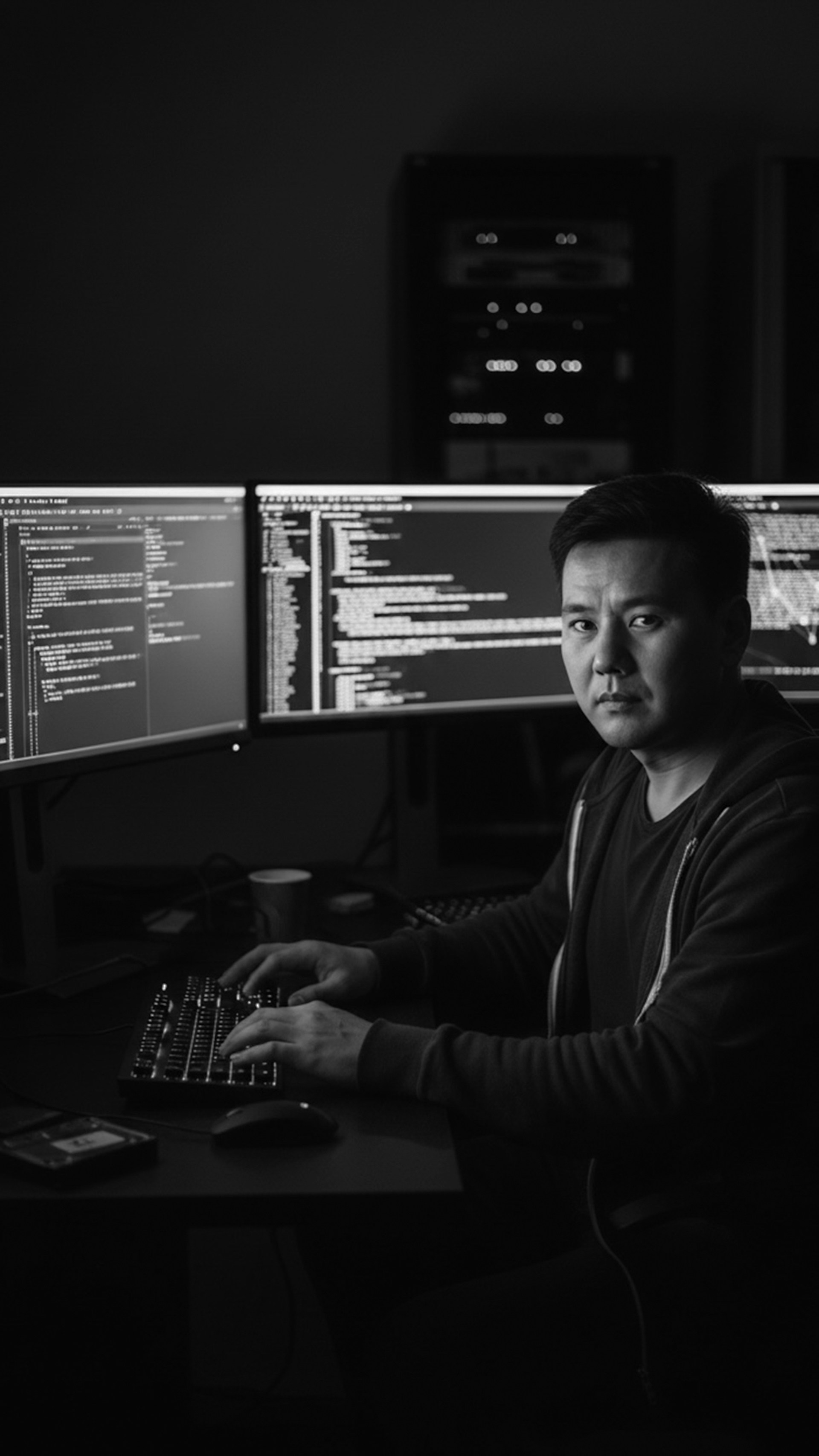 Man typing on keyboard in front of multiple computer monitors.