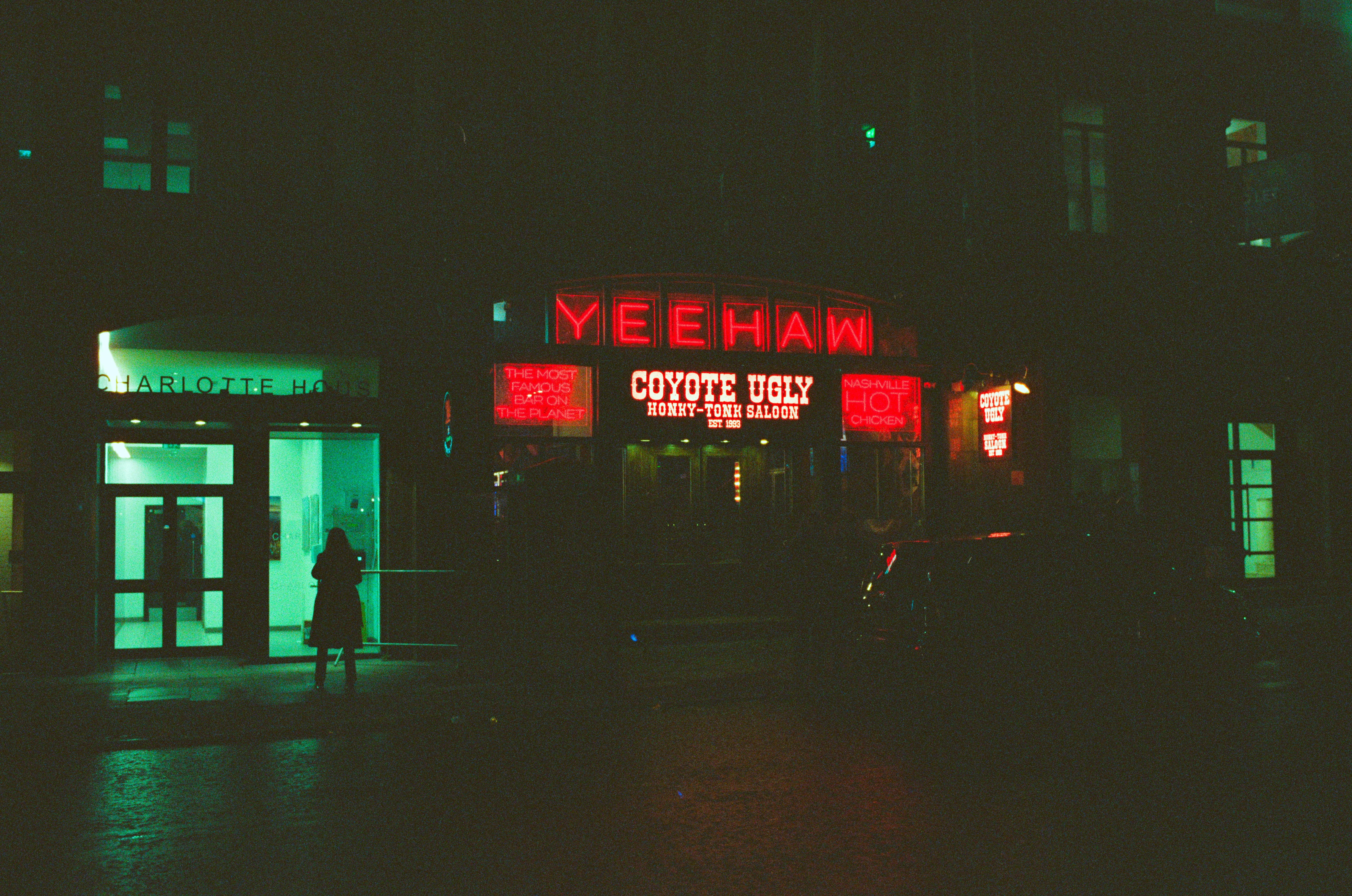 Neon sign for yeehaw bar at night