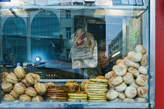 Display case filled with various baked goods