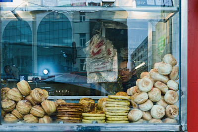 Display case filled with various baked goods