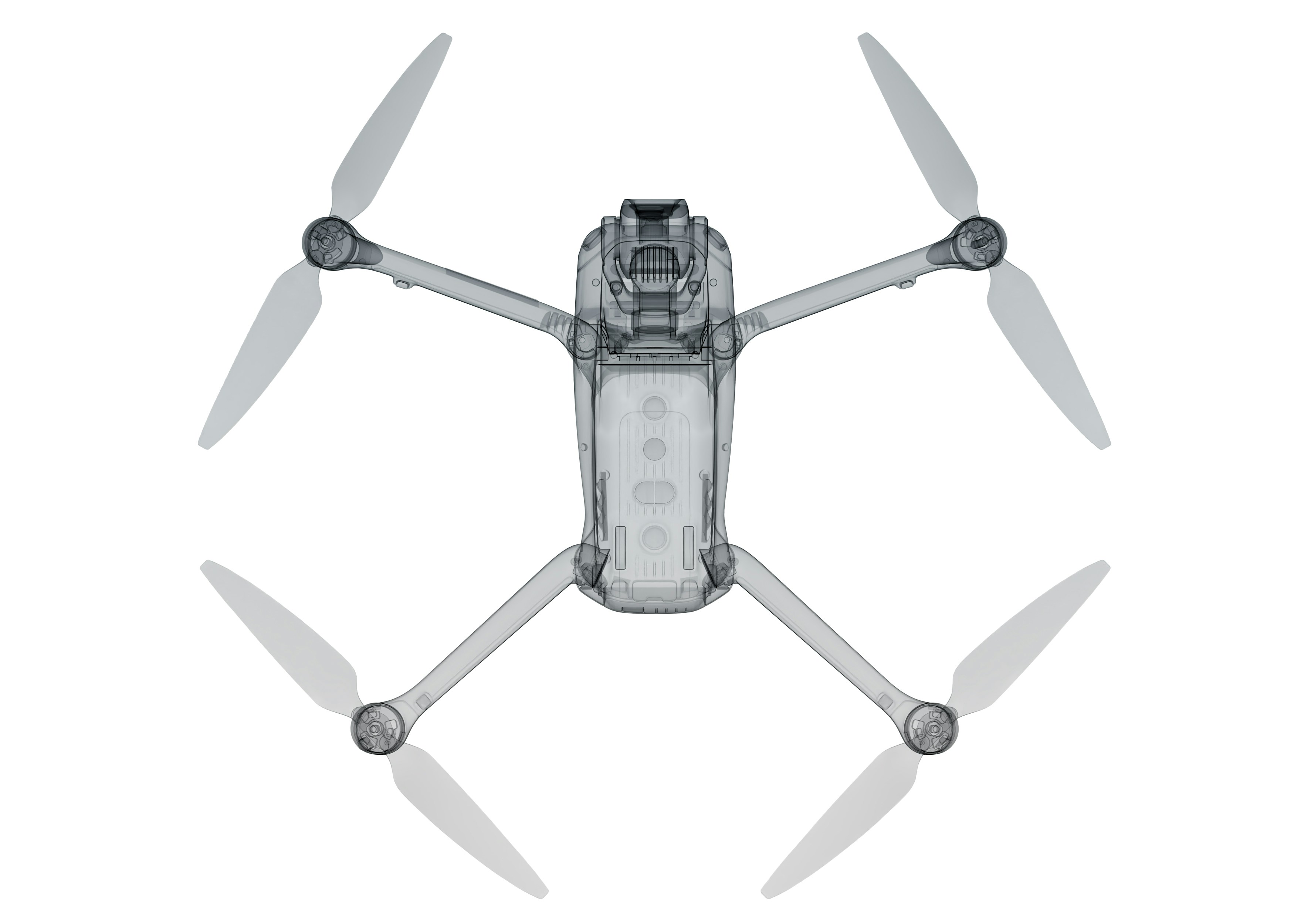 A transparent drone with four propellers on white background