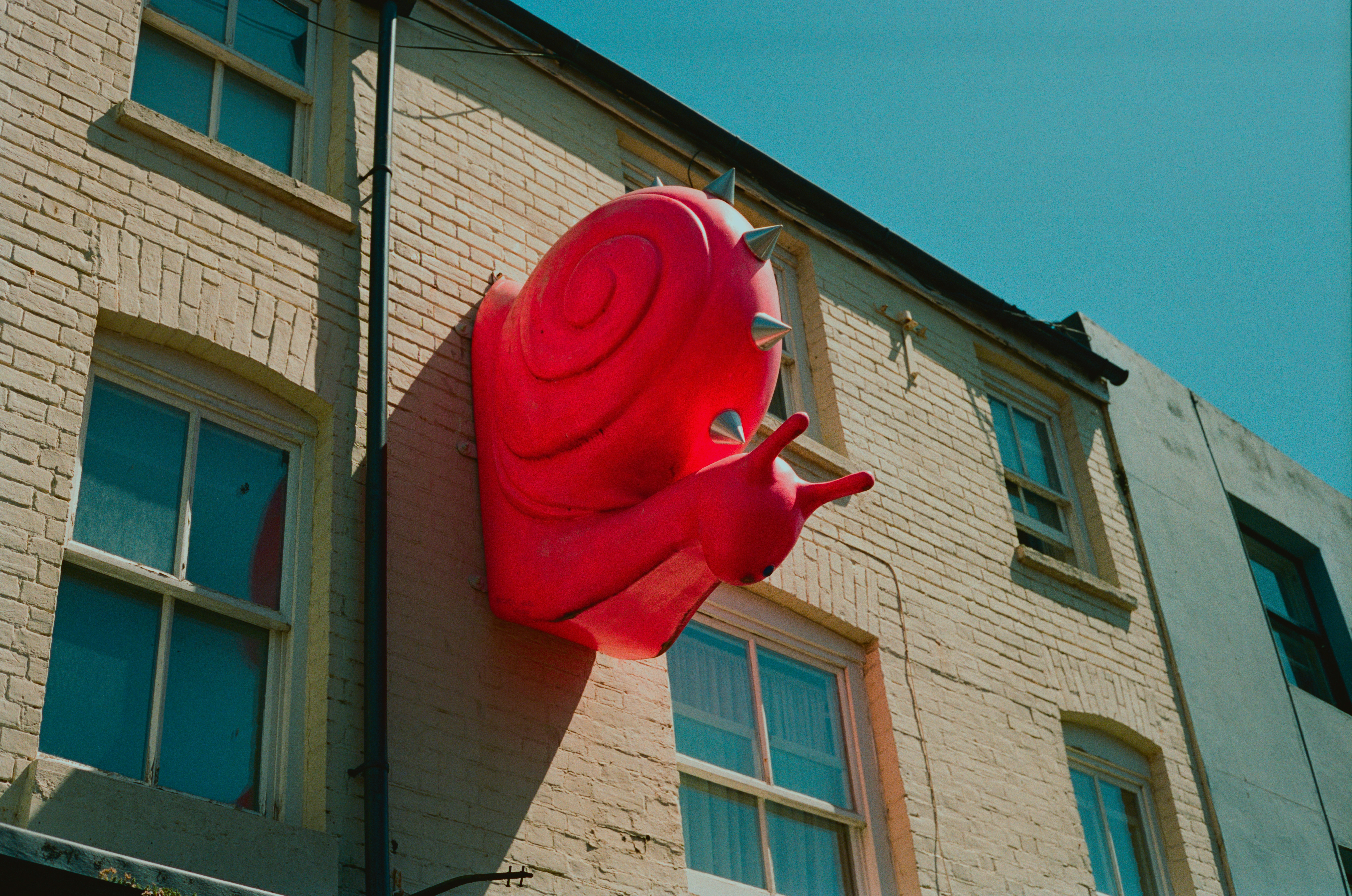 Giant pink snail sculpture on a brick building