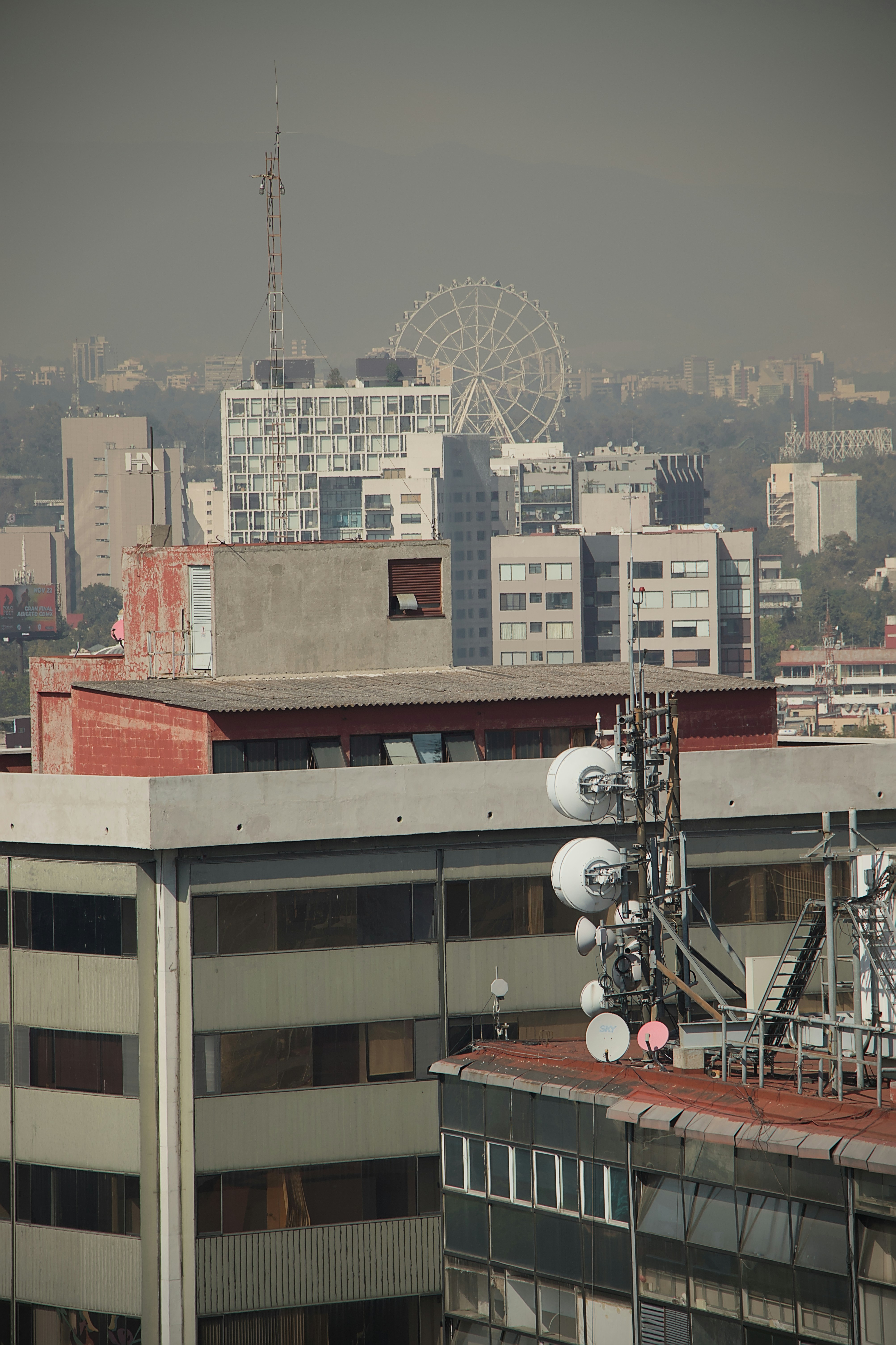 Horizonte de la ciudad con edificios y noria.