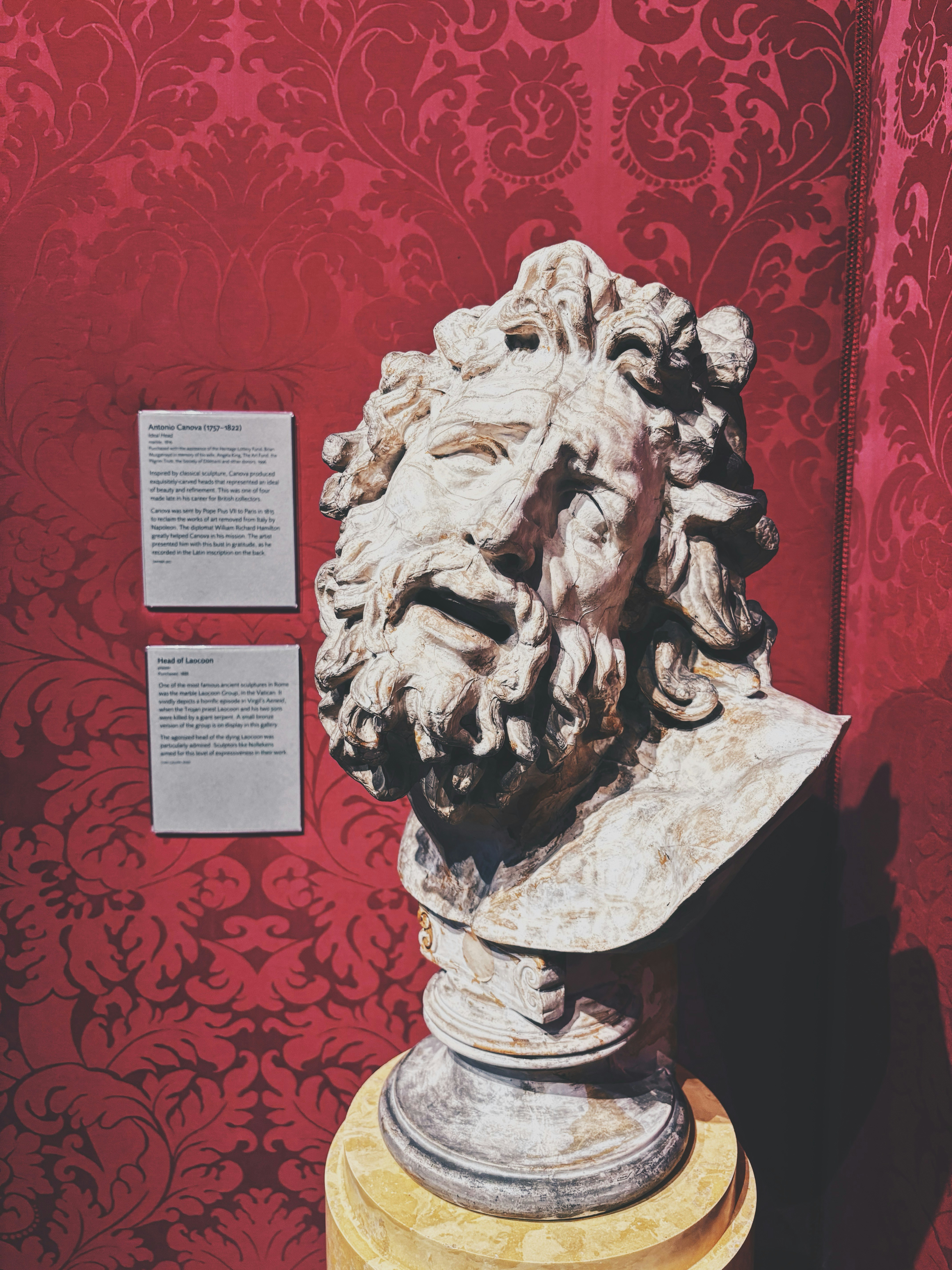 Buste en marbre d’un homme barbu sur papier peint rouge