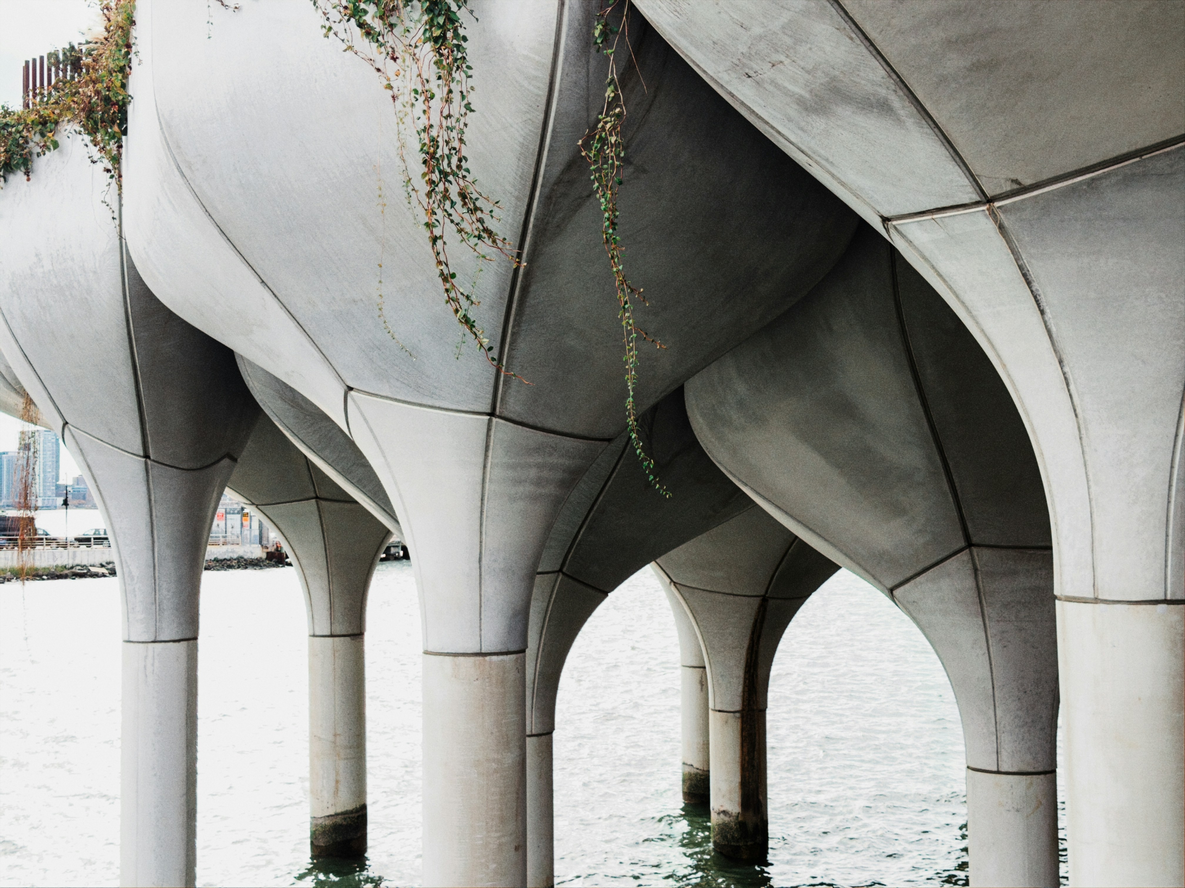 Curving concrete pillars supporting a green space