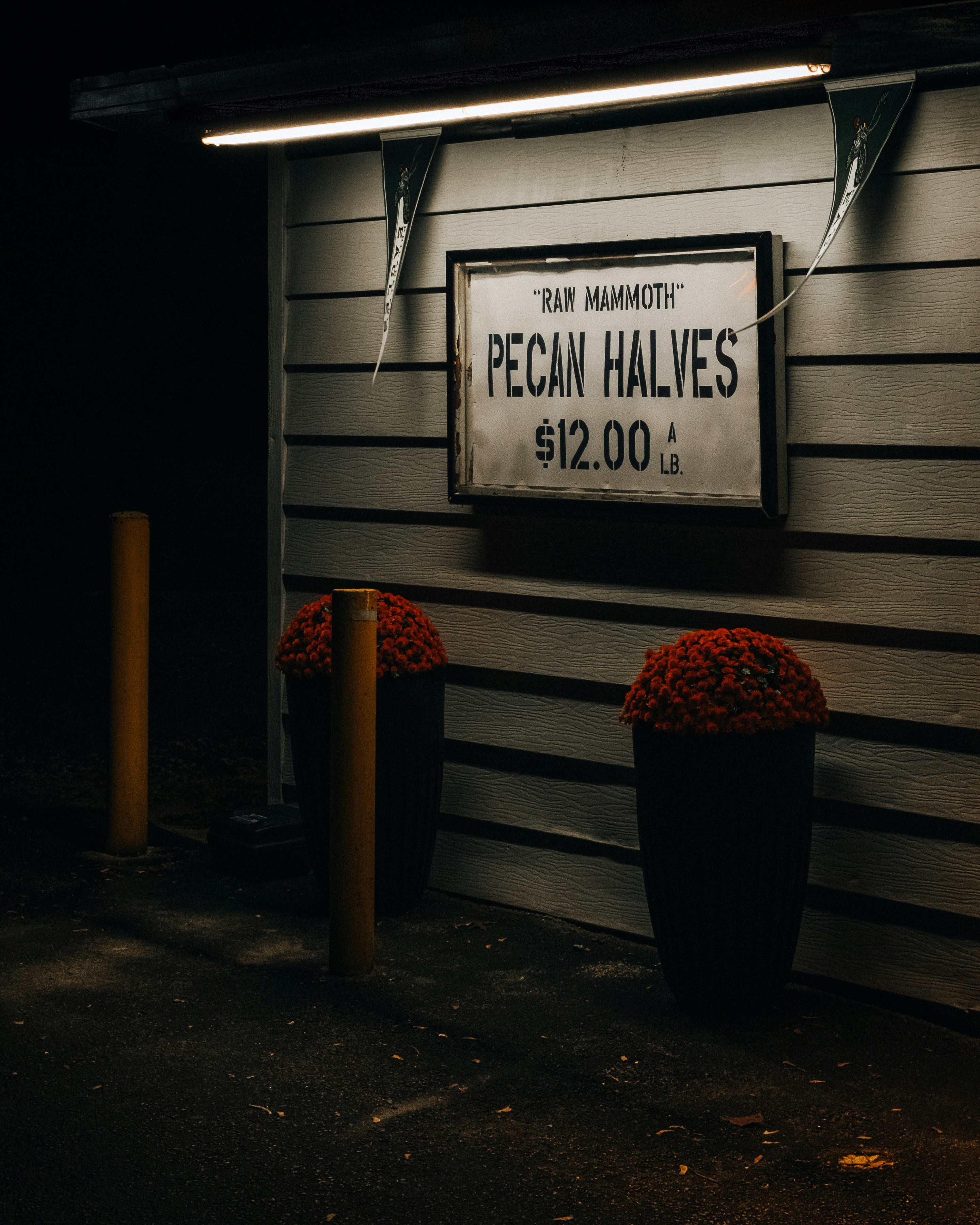Sign for pecan halves outside a building