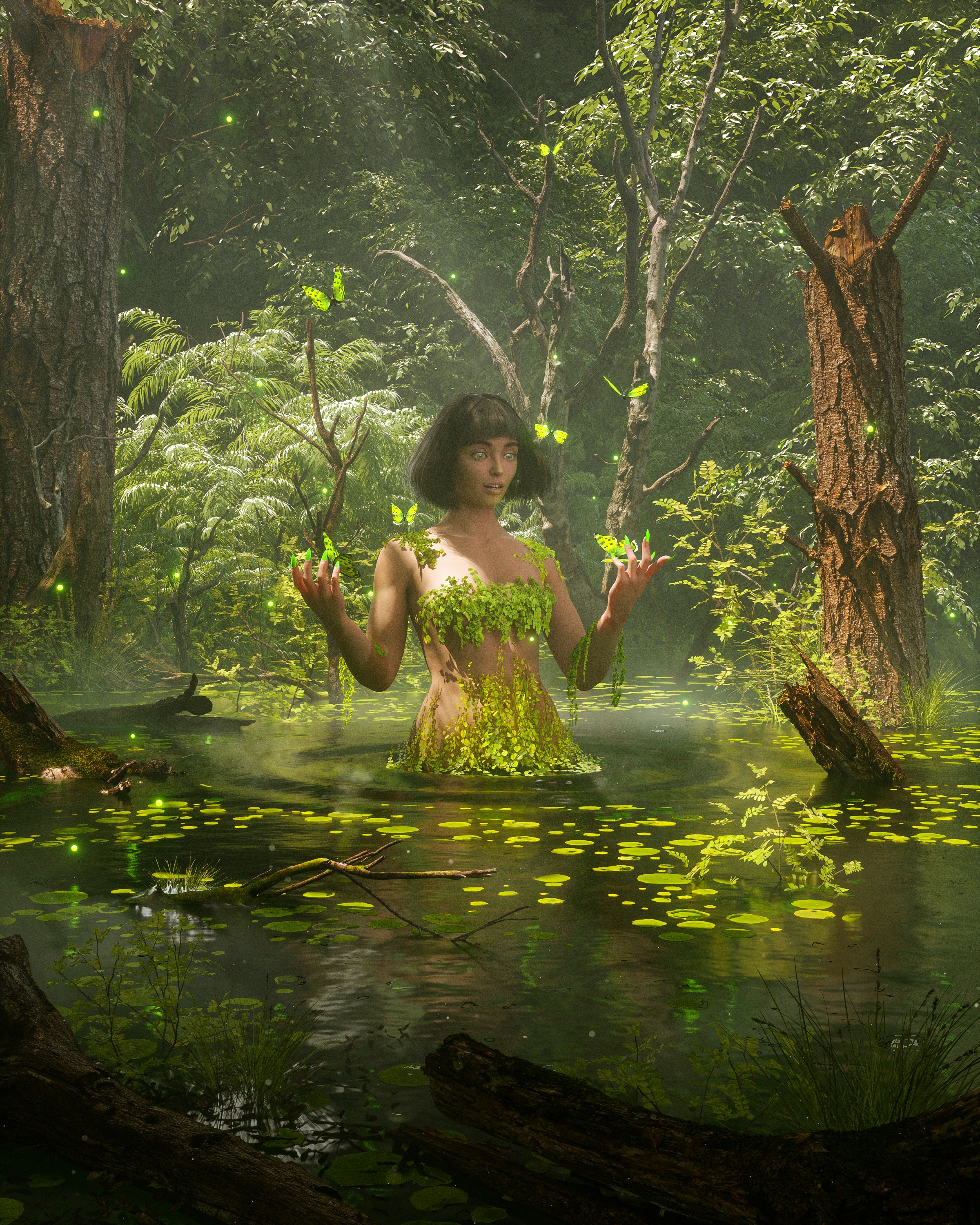 Wanita dihiasi dengan tanaman di rawa hutan berkabut.