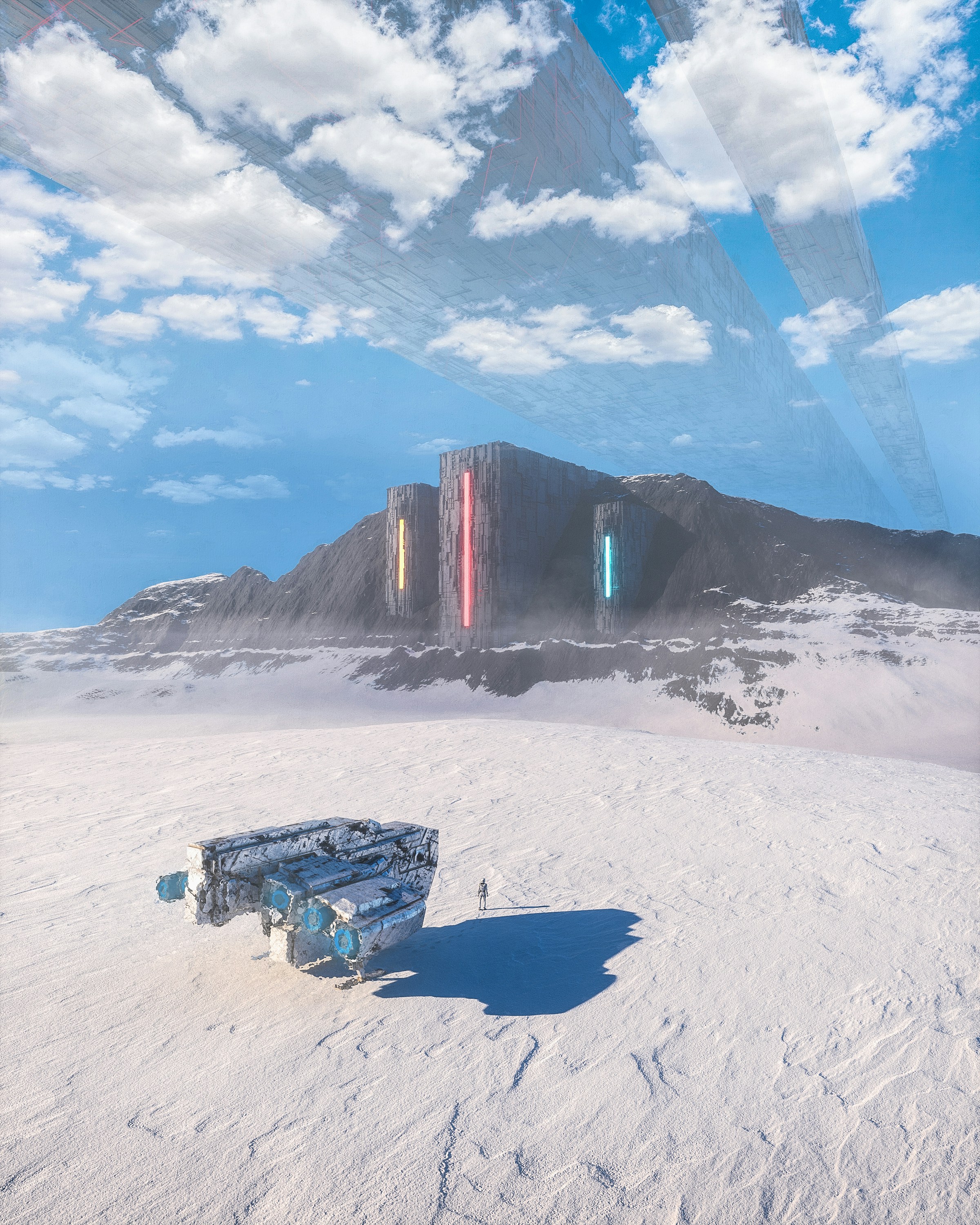 Futuristic structures in a desolate, snowy landscape.