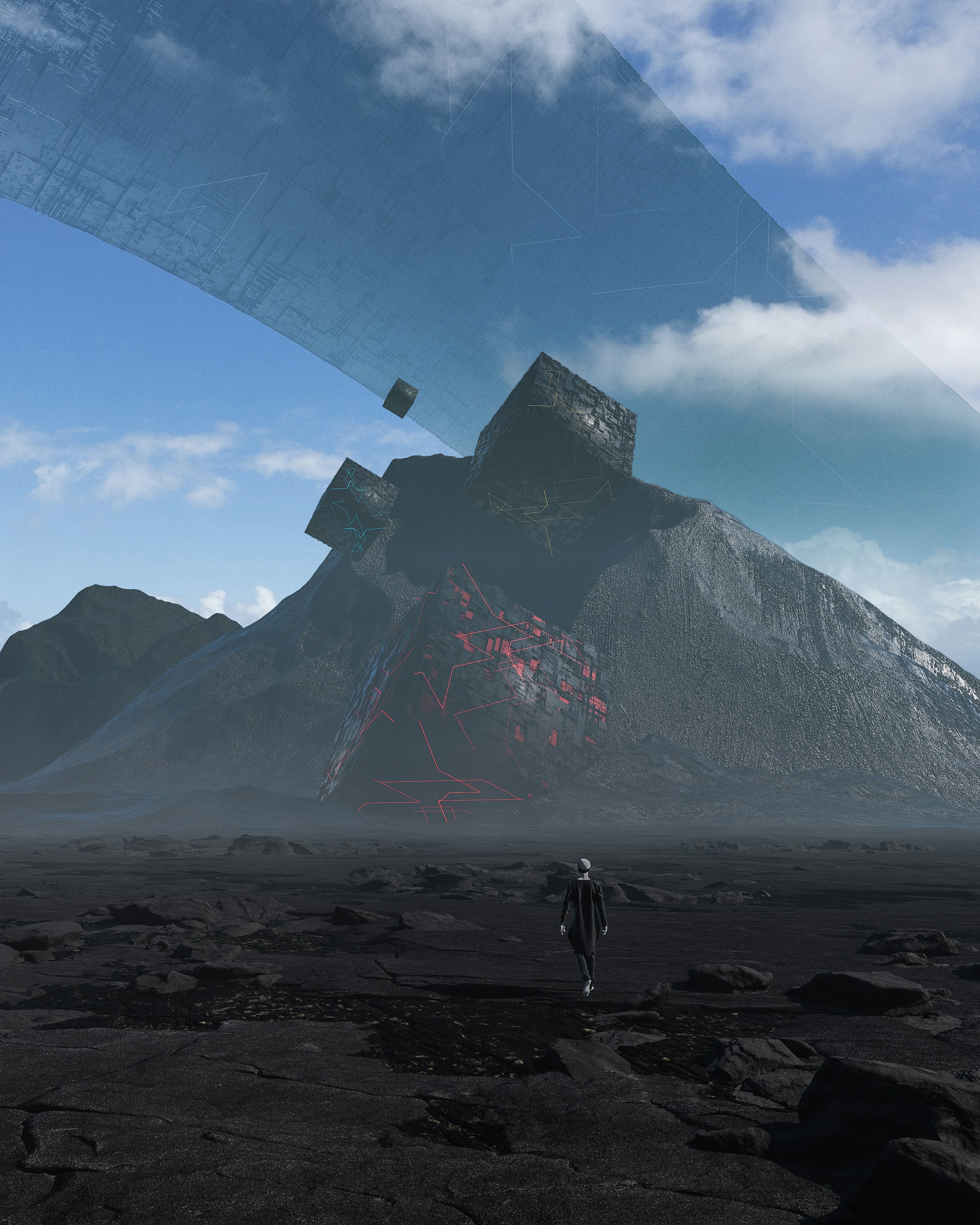 A lone figure walks towards a surreal, rocky mountain landscape.
