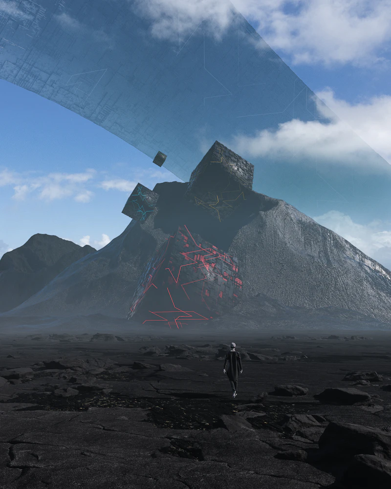 Lone figure walking toward surreal rocky mountains