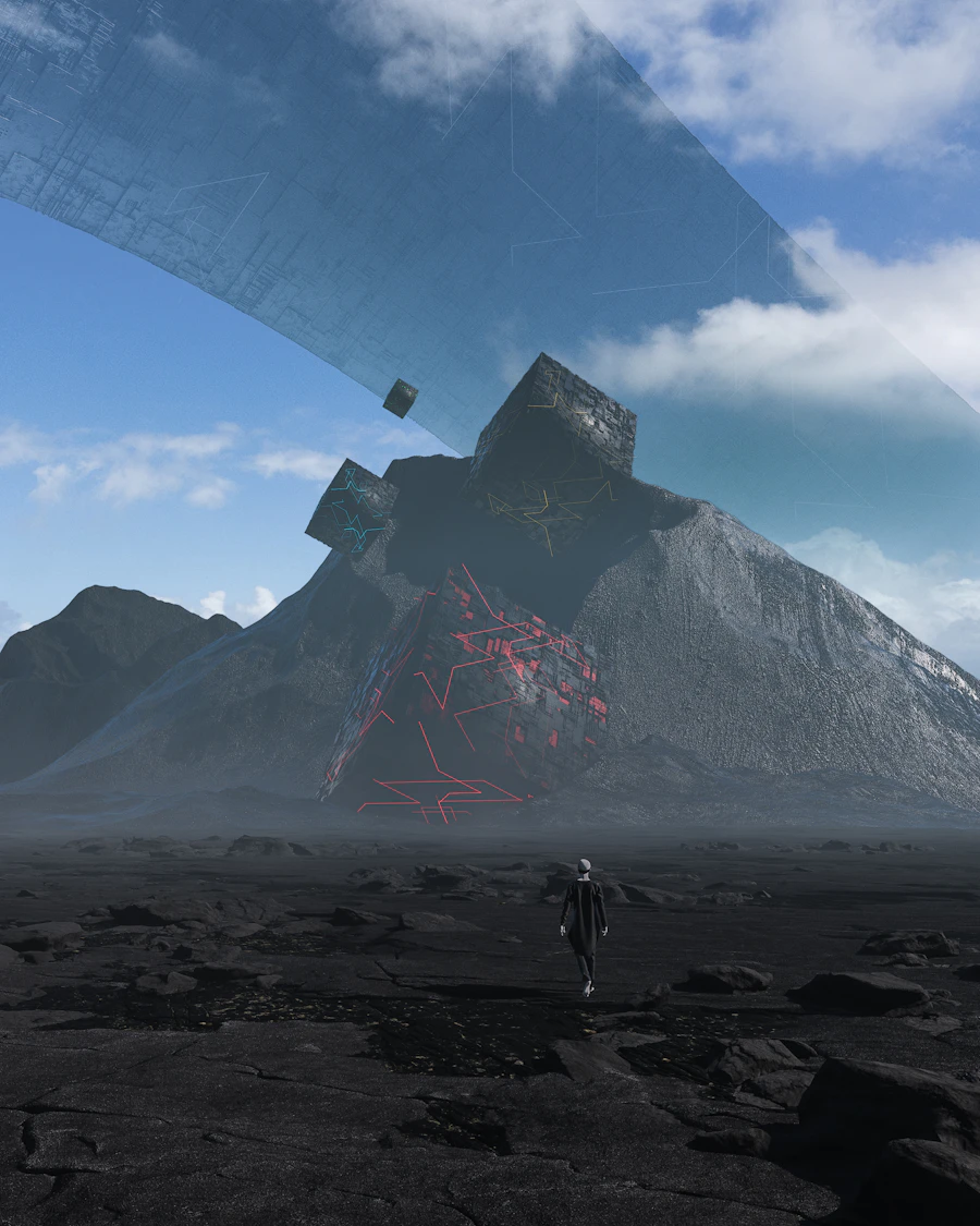 Lone figure walking toward surreal rocky mountains