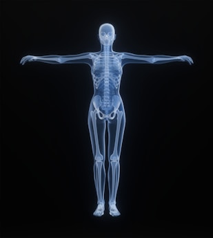 X-ray of a human skeleton against black background