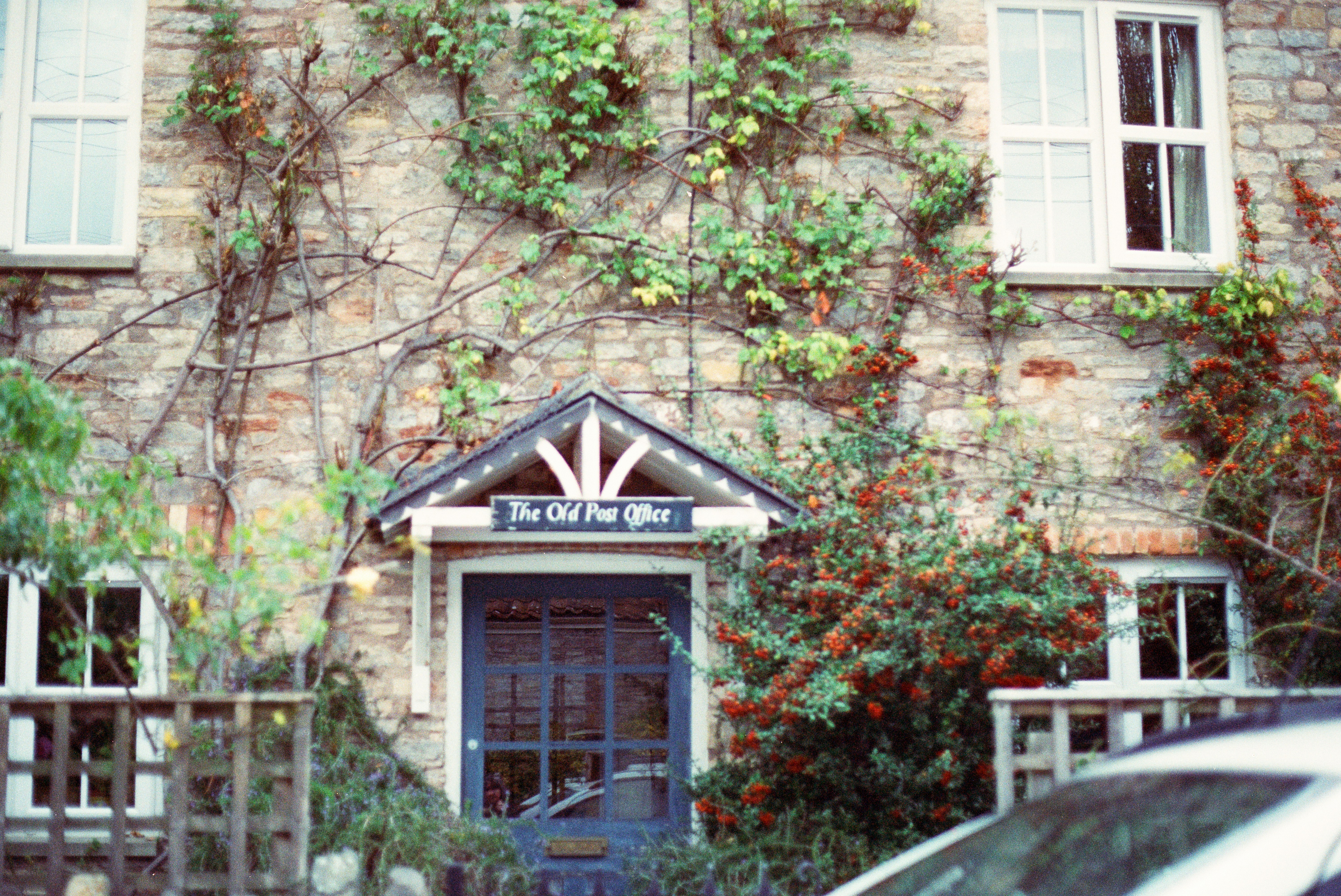 Historic building exterior with vines