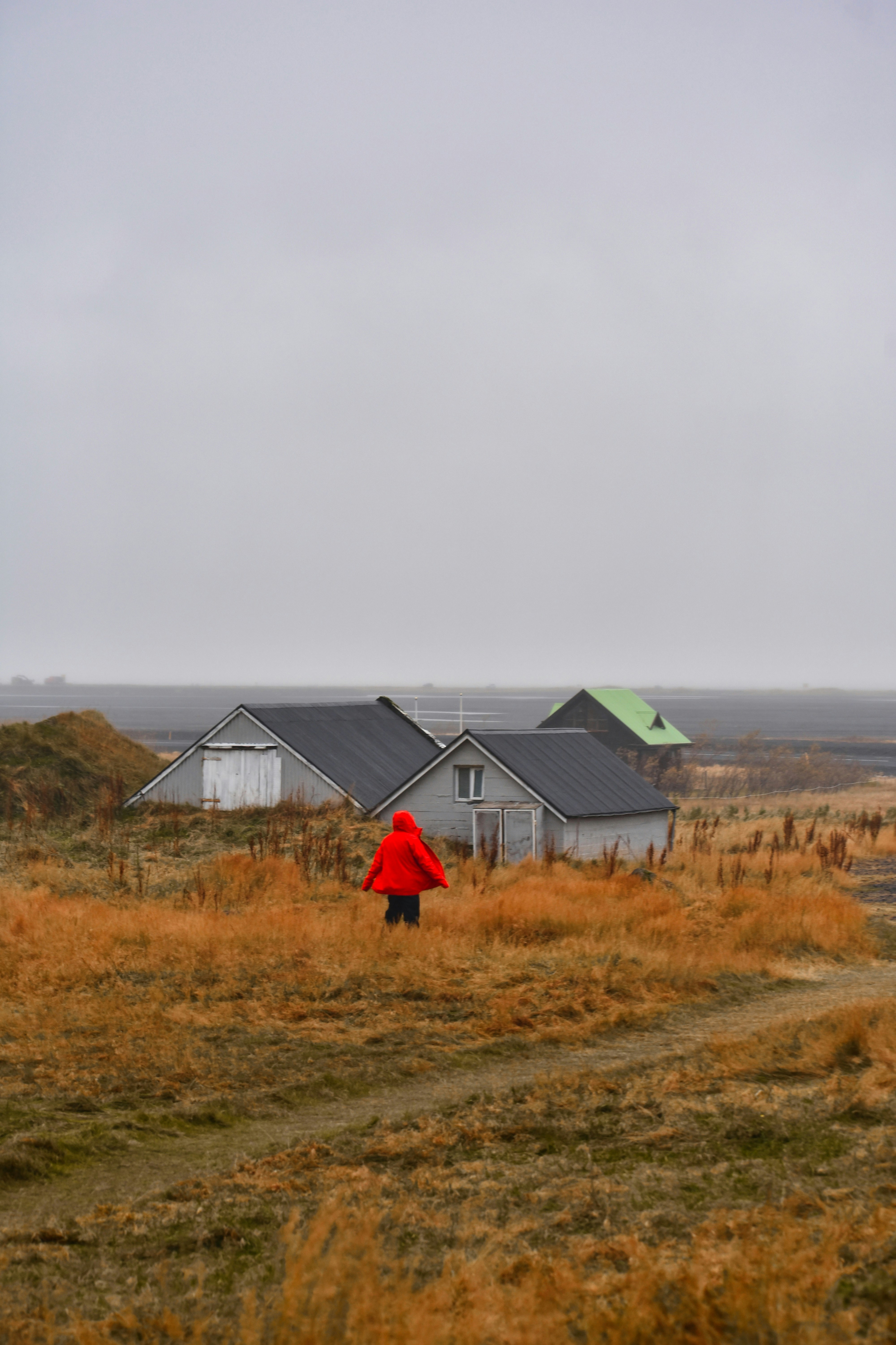 Person in red jacket near small houses in field.