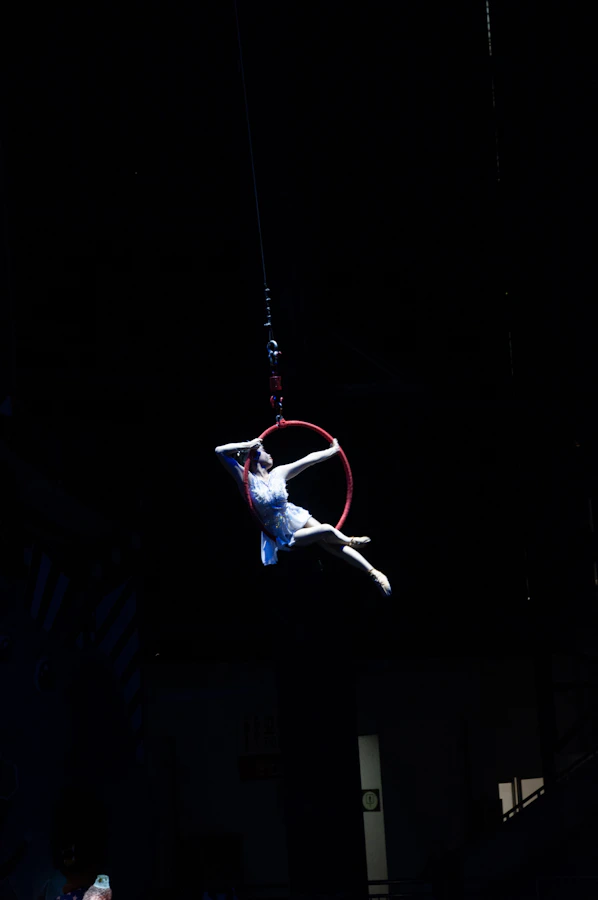 Aerialist performing on aerial hoop