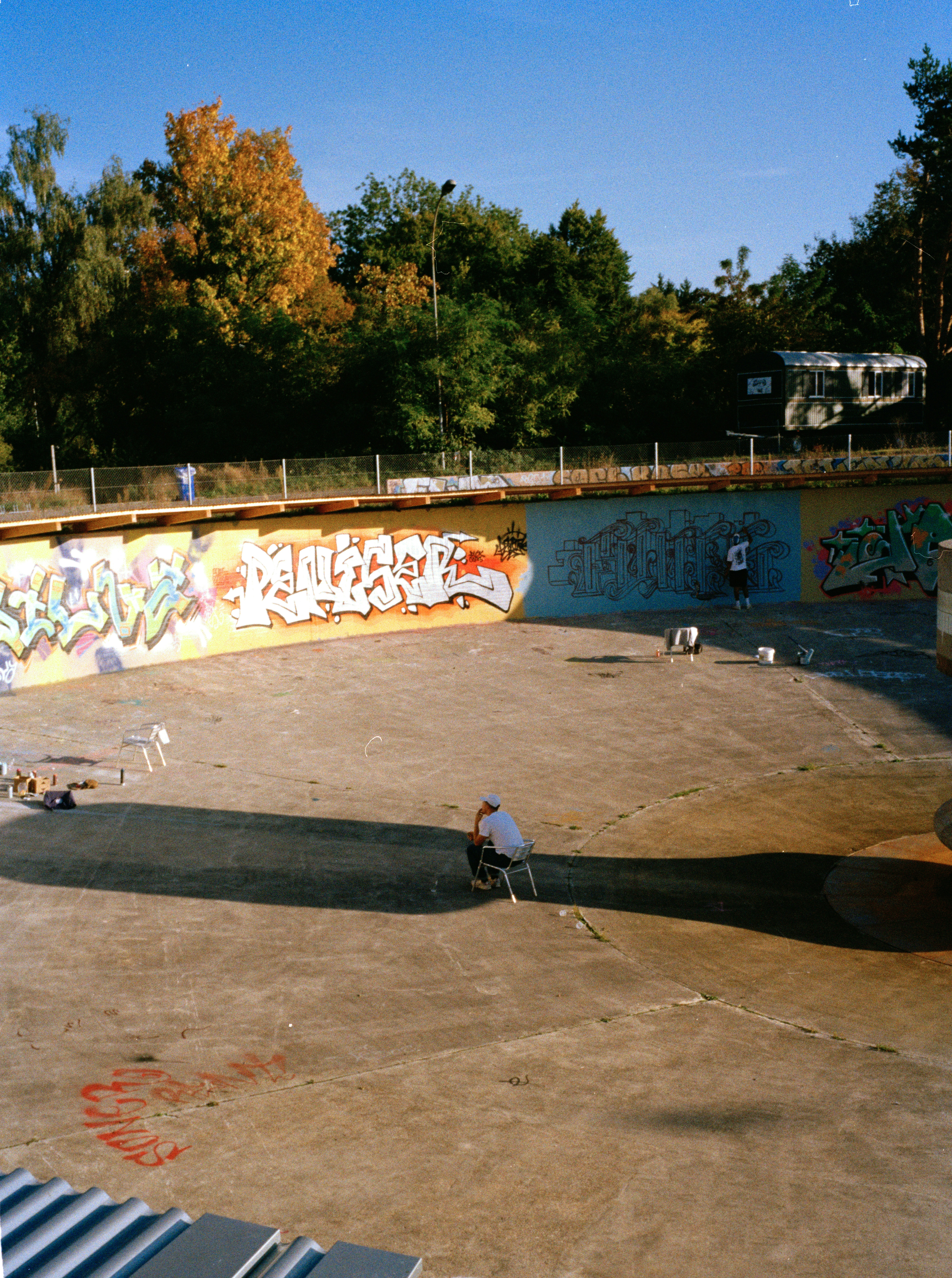 Graffiti-covered skate park with trees in background