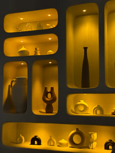 Decorative vases displayed in illuminated wall niches.