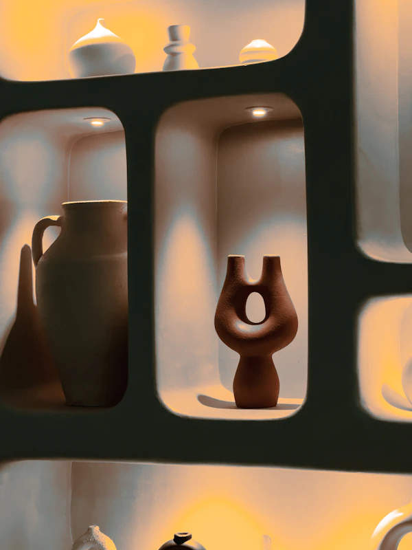 Group of matte ceramic vessels styled on a shelf