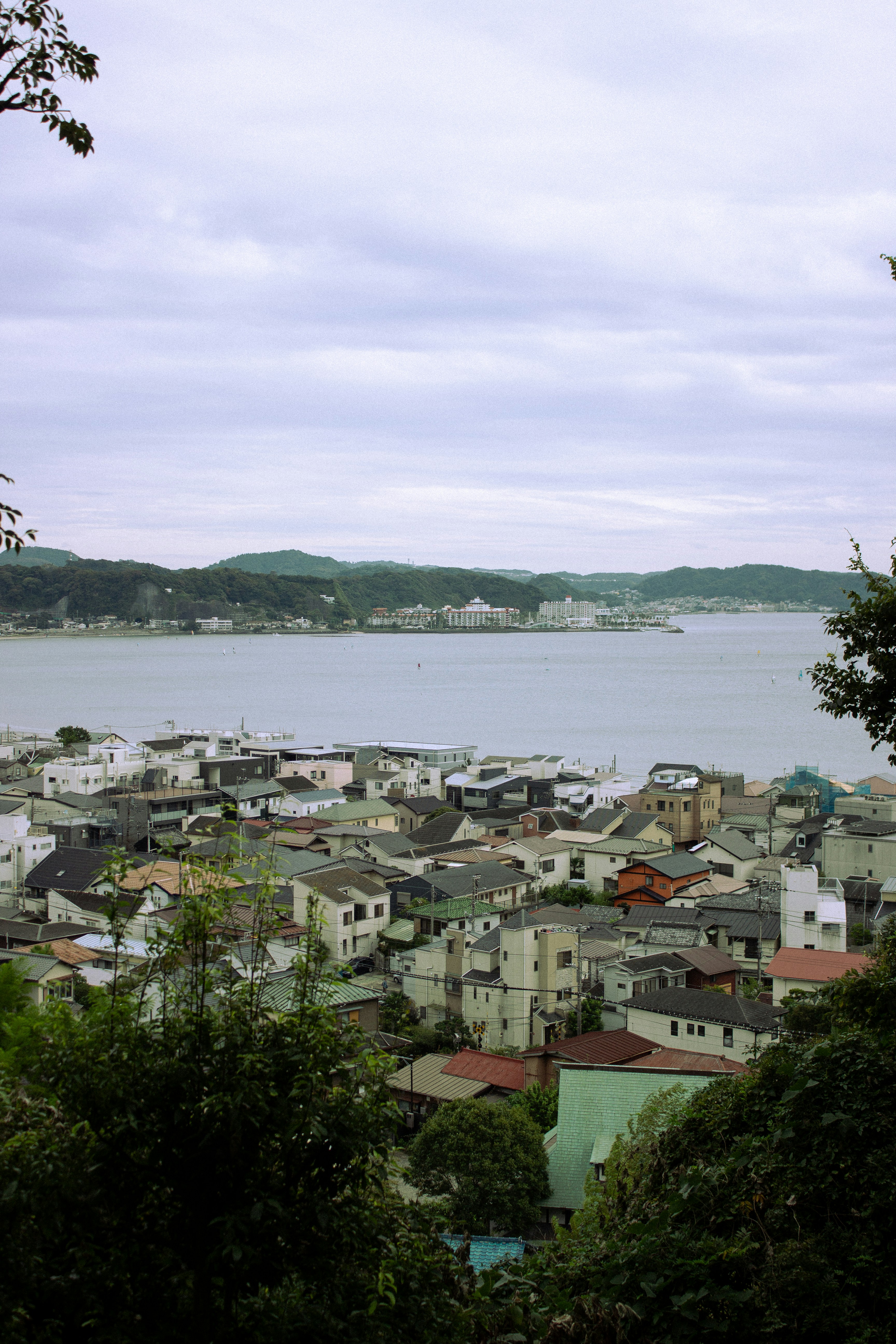 Coastal town with buildings near the water.