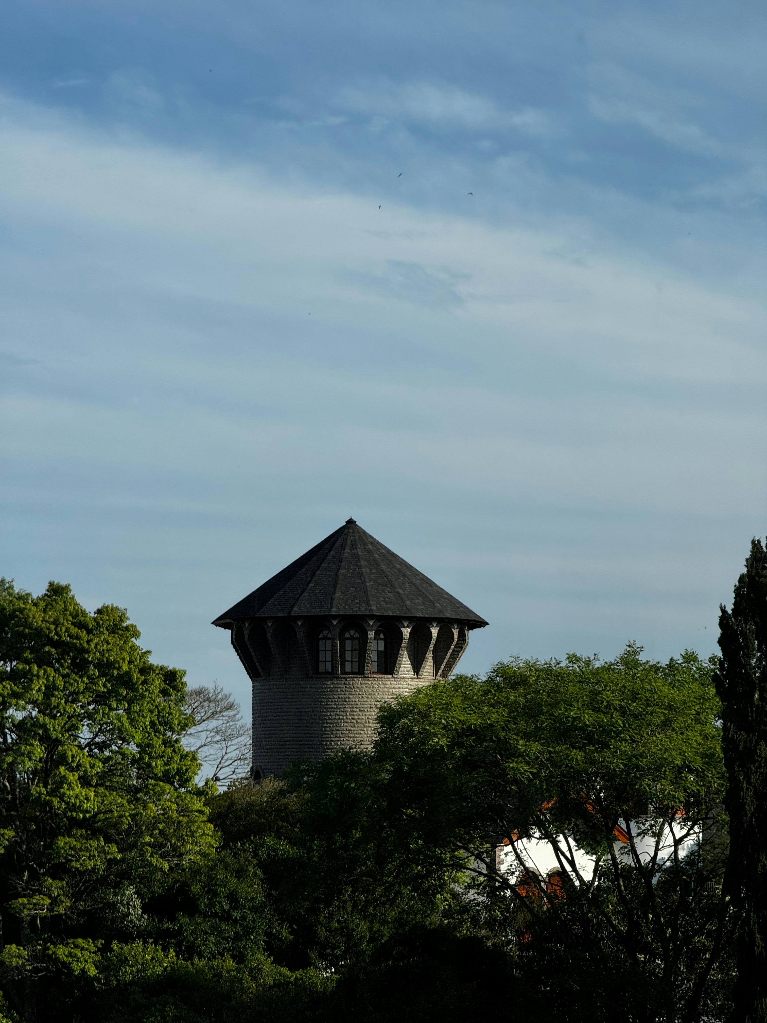Stone tower with dark conical roof surrounded by trees.