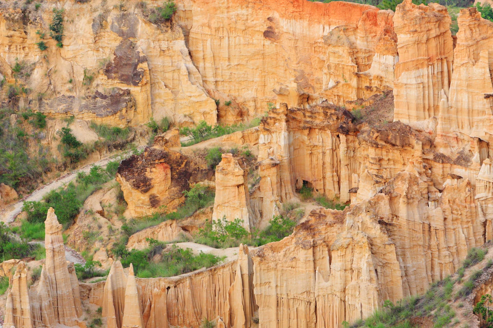 The image depicts a rugged cliff face composed of layers of rock and earth, with some areas appearing orange due to weathering over time. The cliff is covered in vegetation, including trees and shrubs that have grown on its surface. A winding trail can be seen running along the base of the cliff, providing access to different parts of the landscape.

The image is taken from a high vantage point, offering a bird's eye view of the cliff face and the surrounding area. The colors in the photo are predominantly brown and green, reflecting the natural hues of the rock formations and vegetation.