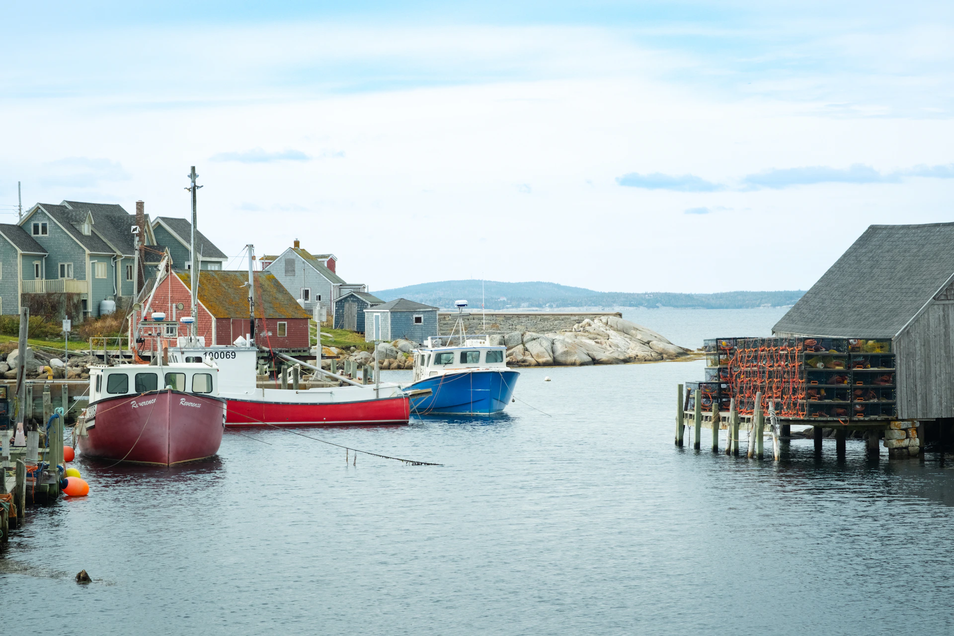 Fishing boats moored in a harbor with houses nearby houses