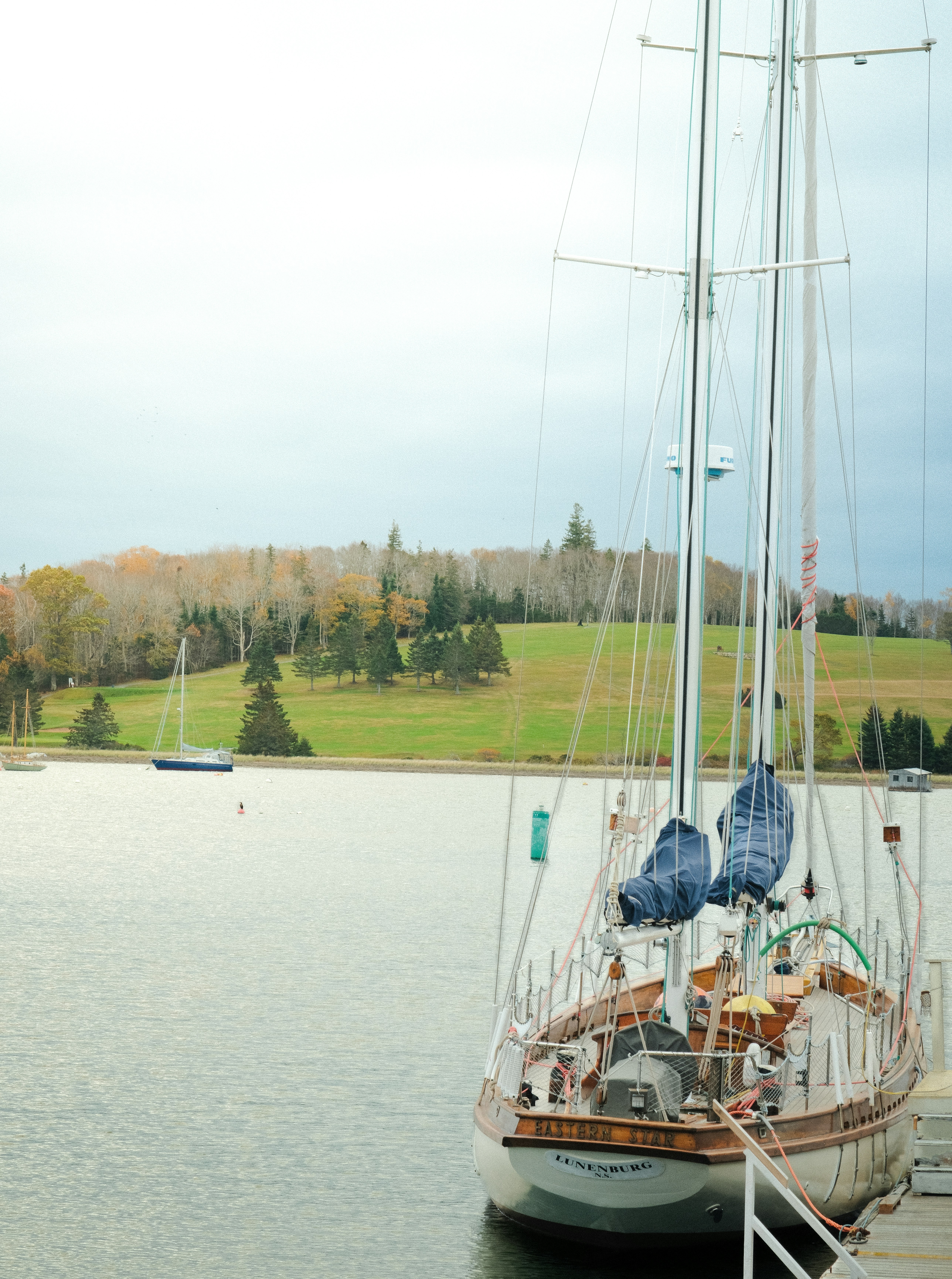 Sailboat docked at a pier with autumn trees.