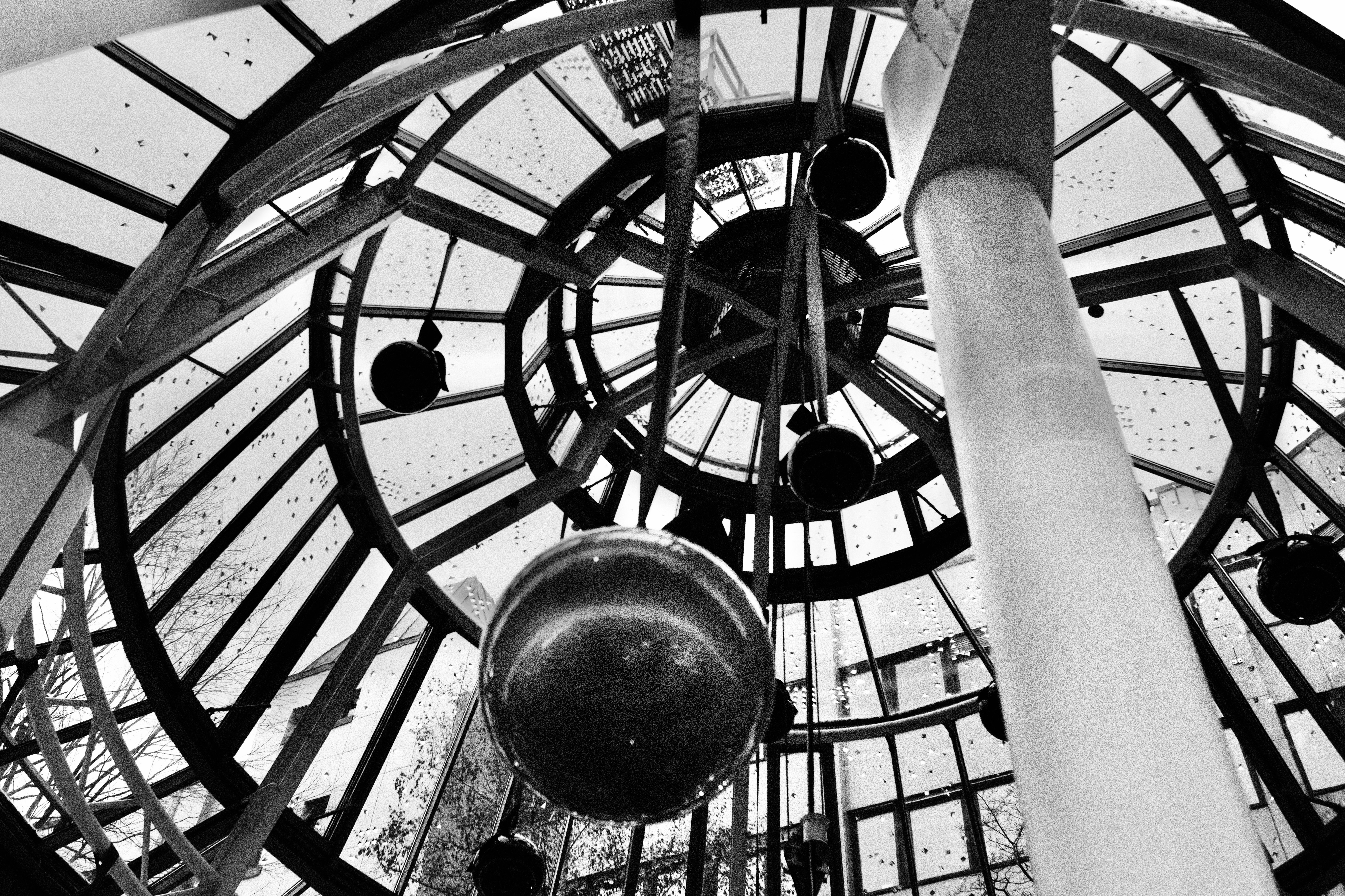 Abstract architectural detail with hanging sphere