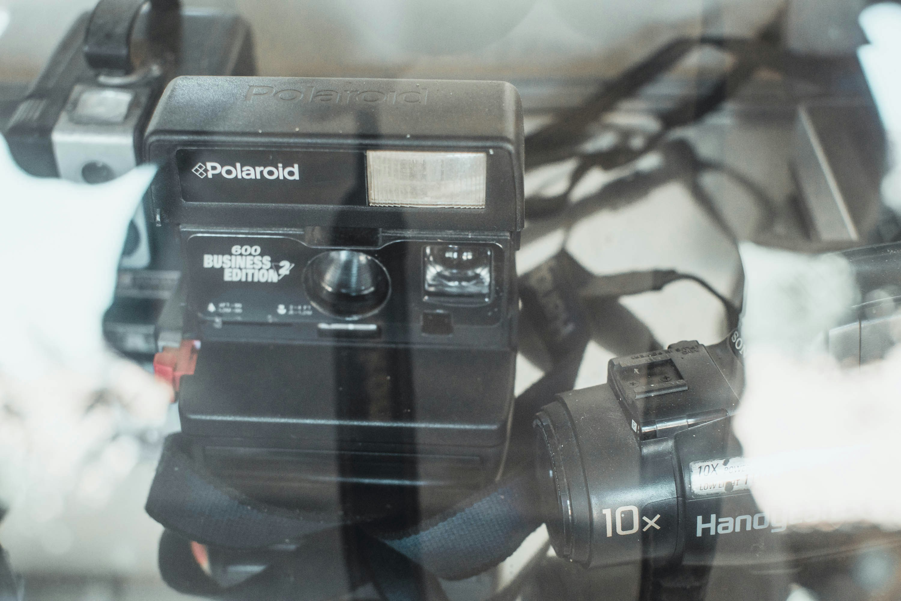 Several vintage polaroid cameras displayed together