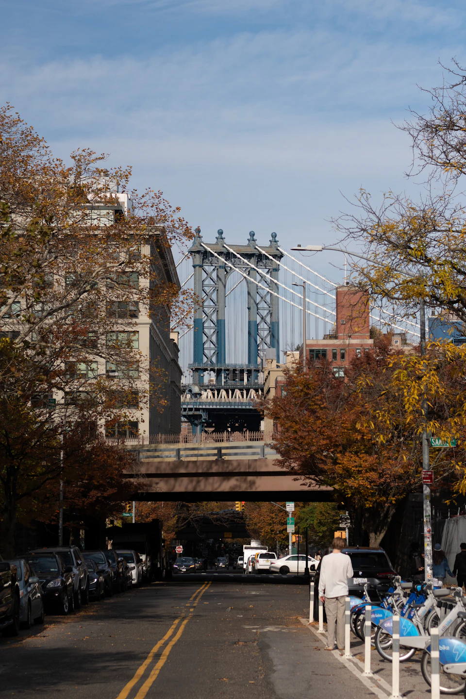 View of the Manhattan Bridge through orange and yellow autumn leaves on a Brooklyn street