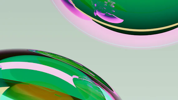 Abstract green and pink spheres with reflections