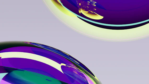 Abstract purple and yellow swirls on spheres.