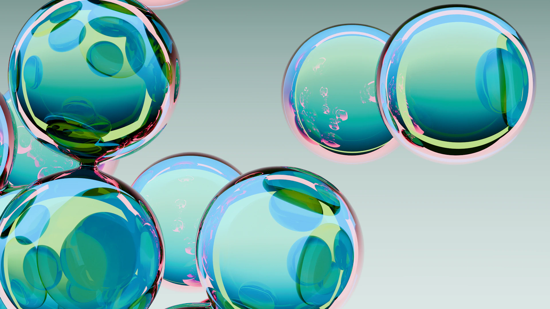 Abstract spheres with teal and green reflections
