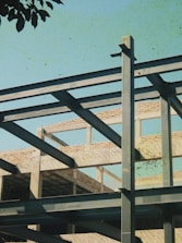 Steel framework of a building under construction.