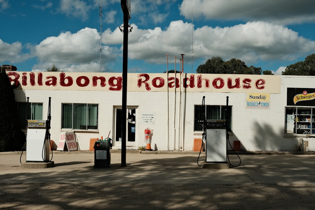Billabong roadhouse with vintage gas pumps