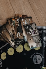 Tarot cards spread on a wooden floor
