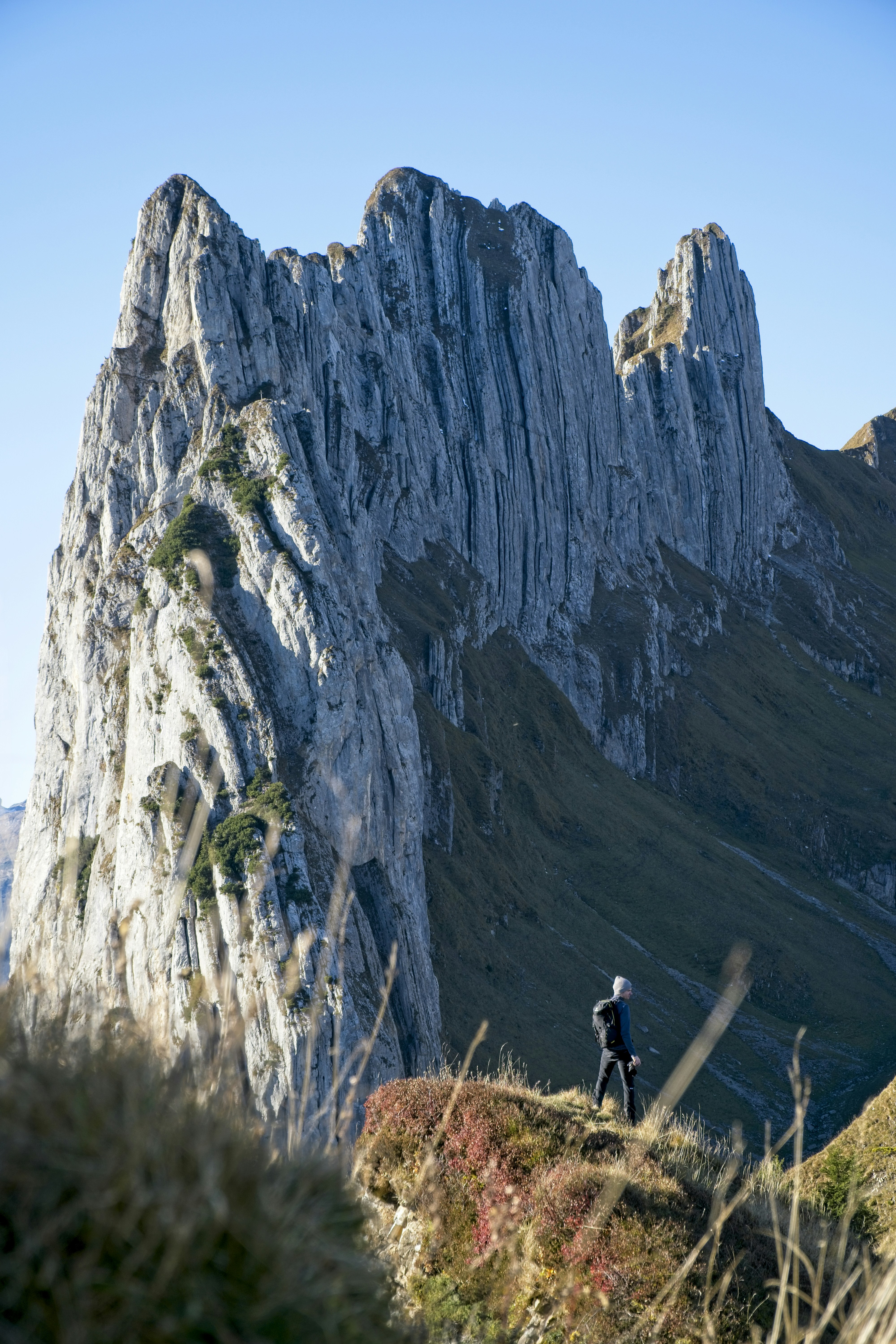 Hiker on a mountain ridge, seen from behind