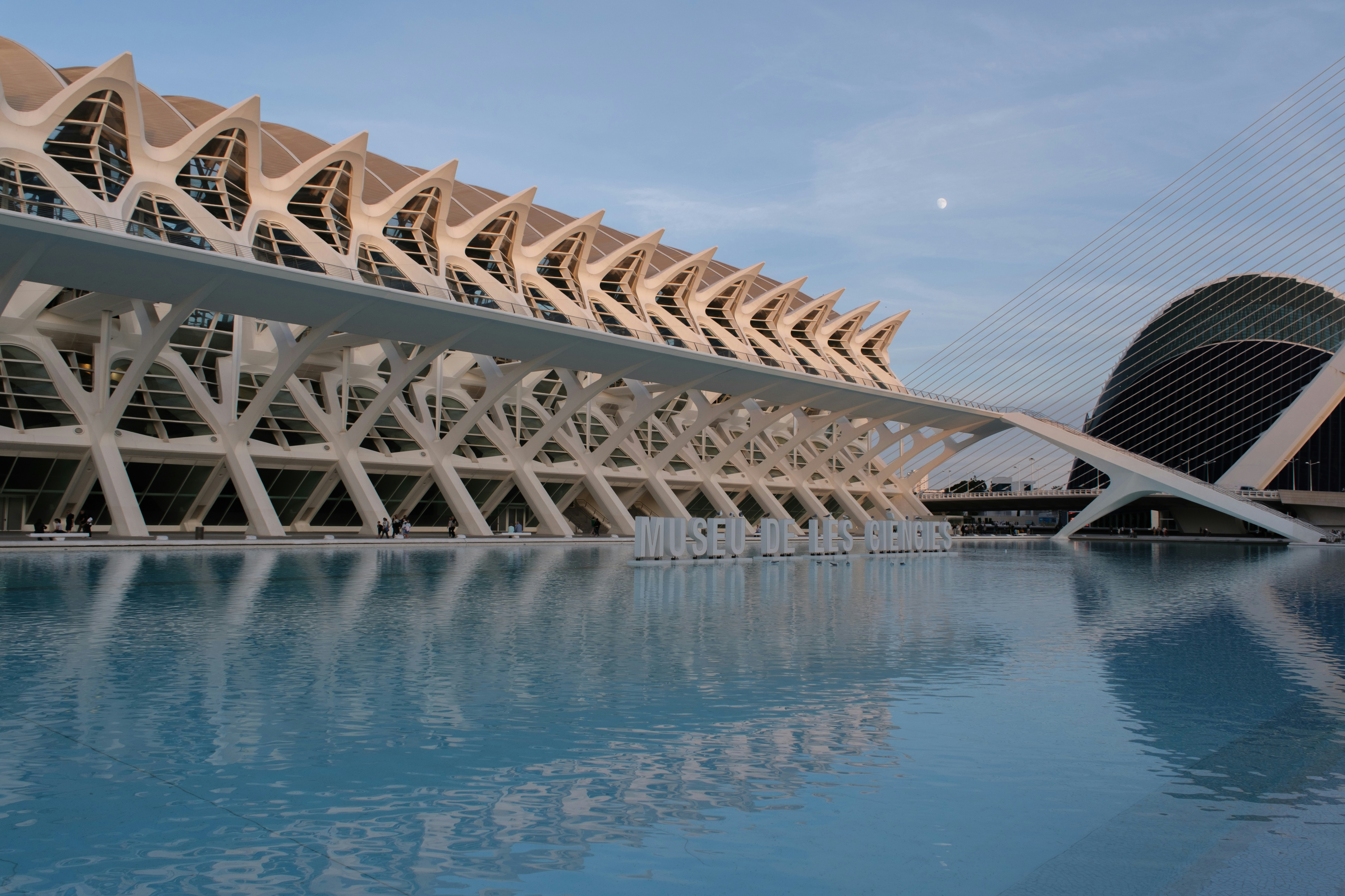 Modern architecture reflected in a calm blue pool