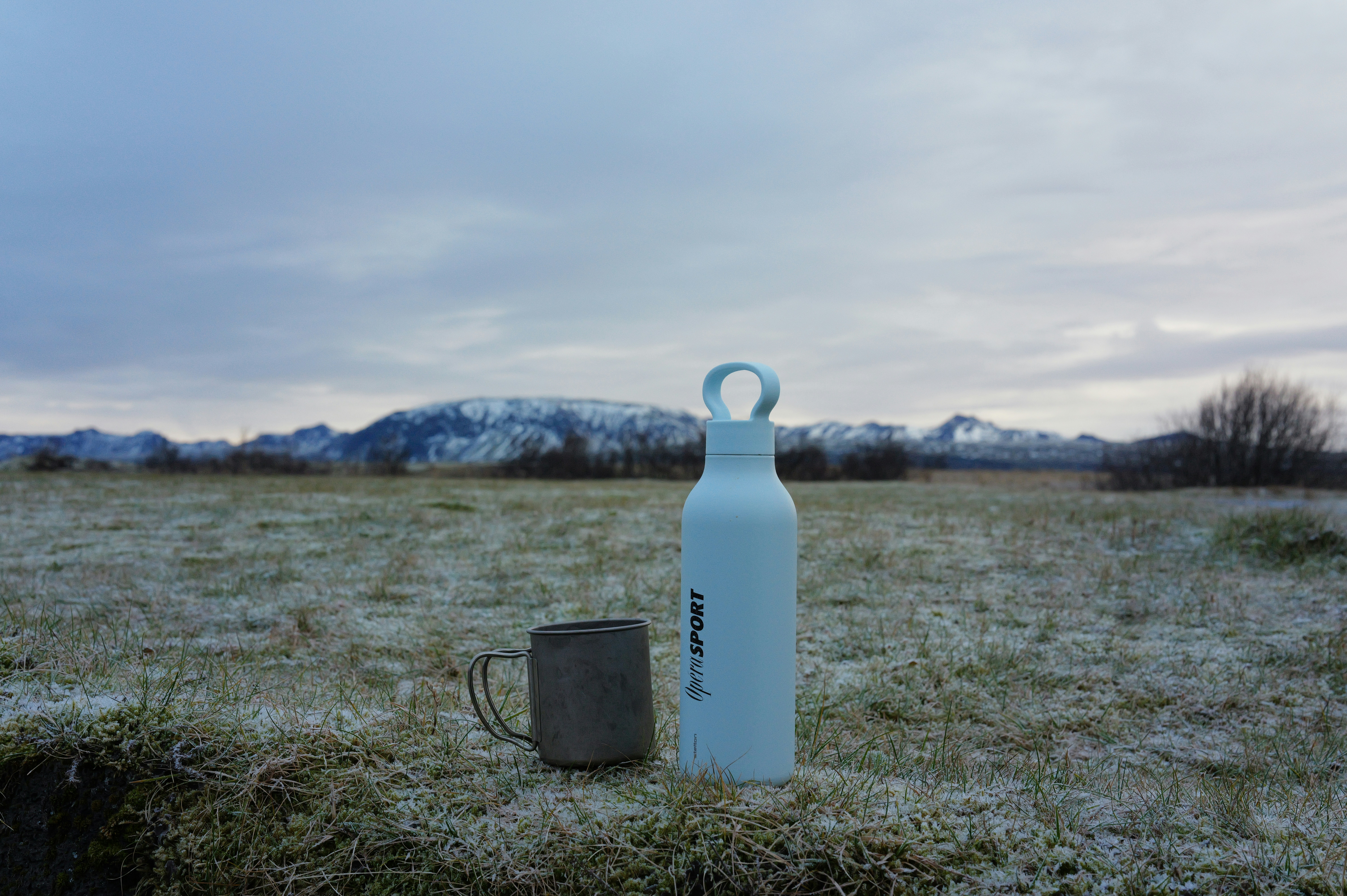 White bottle and mug in snowy field with mountains.