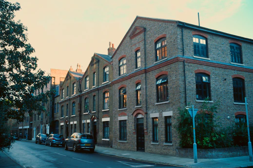 Row of brick buildings on a street